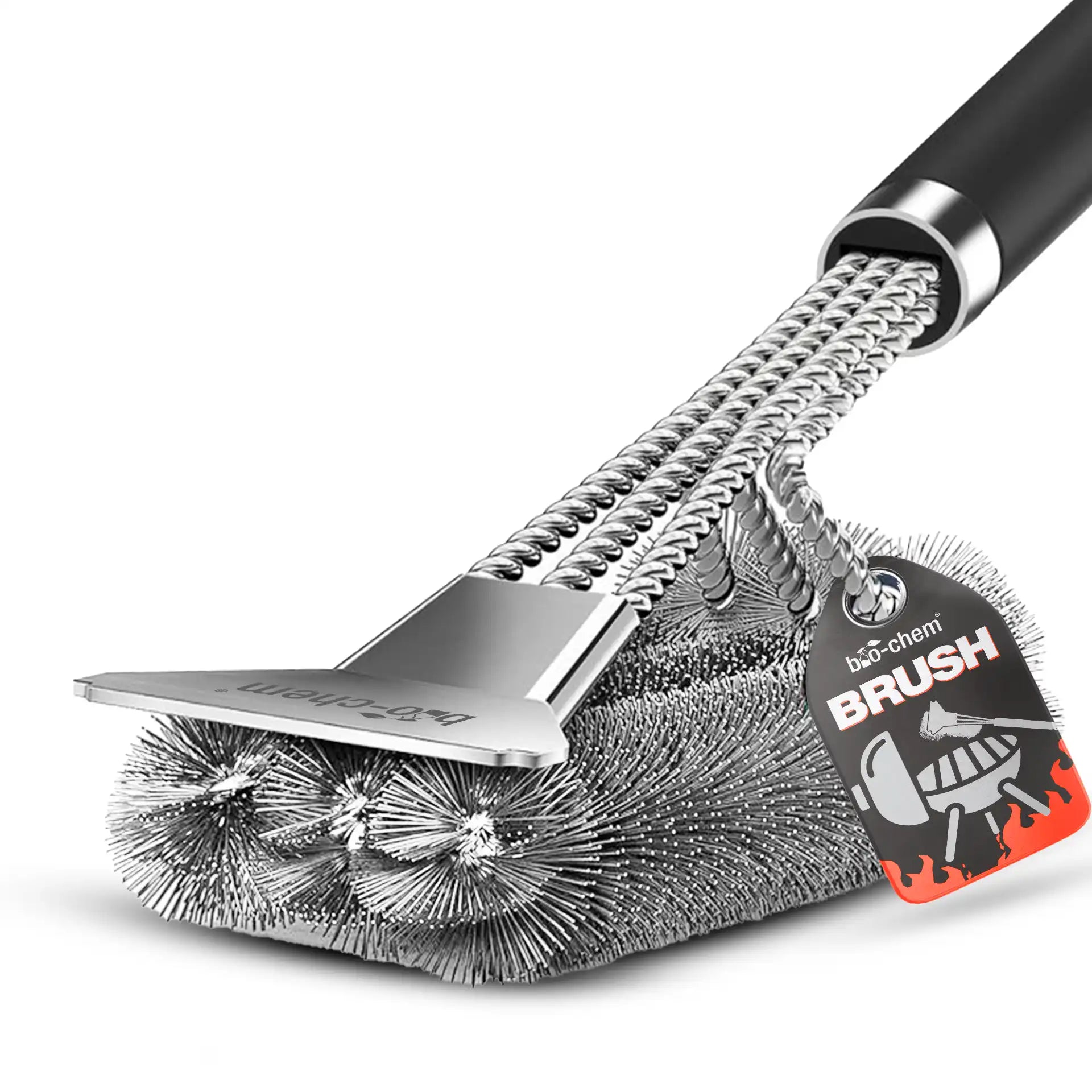 Robuste Grillbürste aus Edelstahl mit langem Griff und Schaber von bio-chem