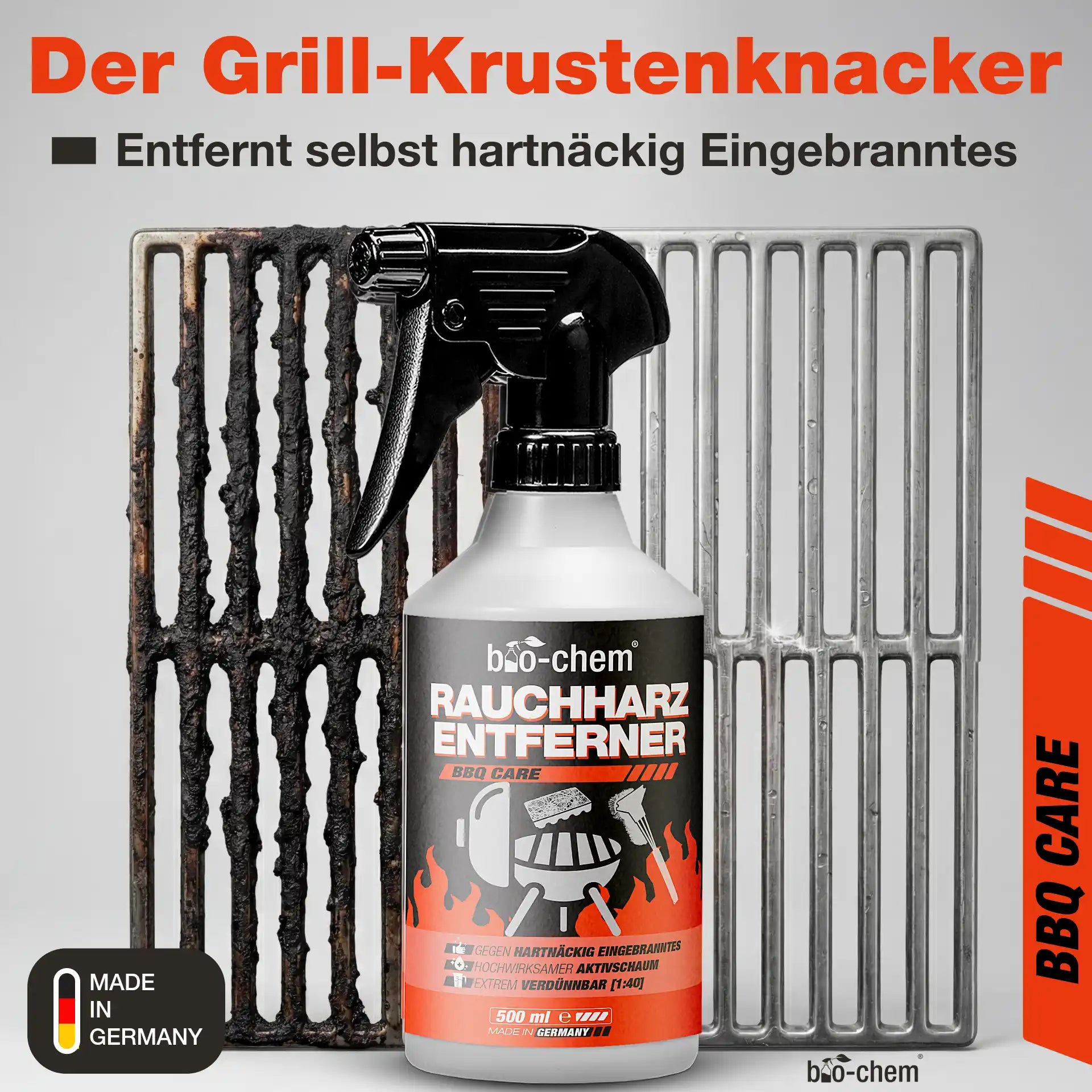 Stark verschmutzter Grillrost wird mit Rauchharzentferner gereinigt – Vorher-Nachher Vergleich