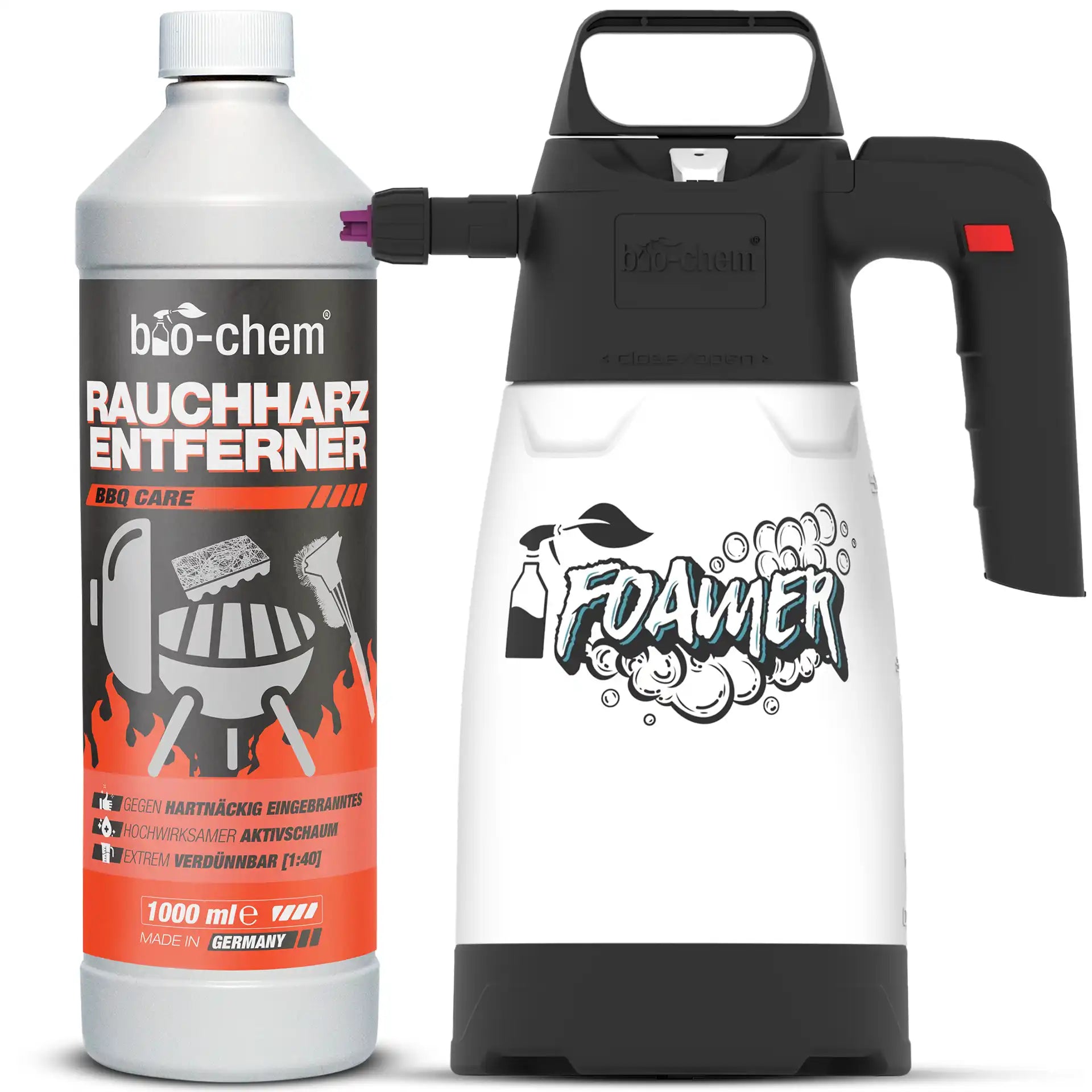 Sprayflasche Rauchharzentferner mit Flammen als Symbol für starke Reinigungskraft