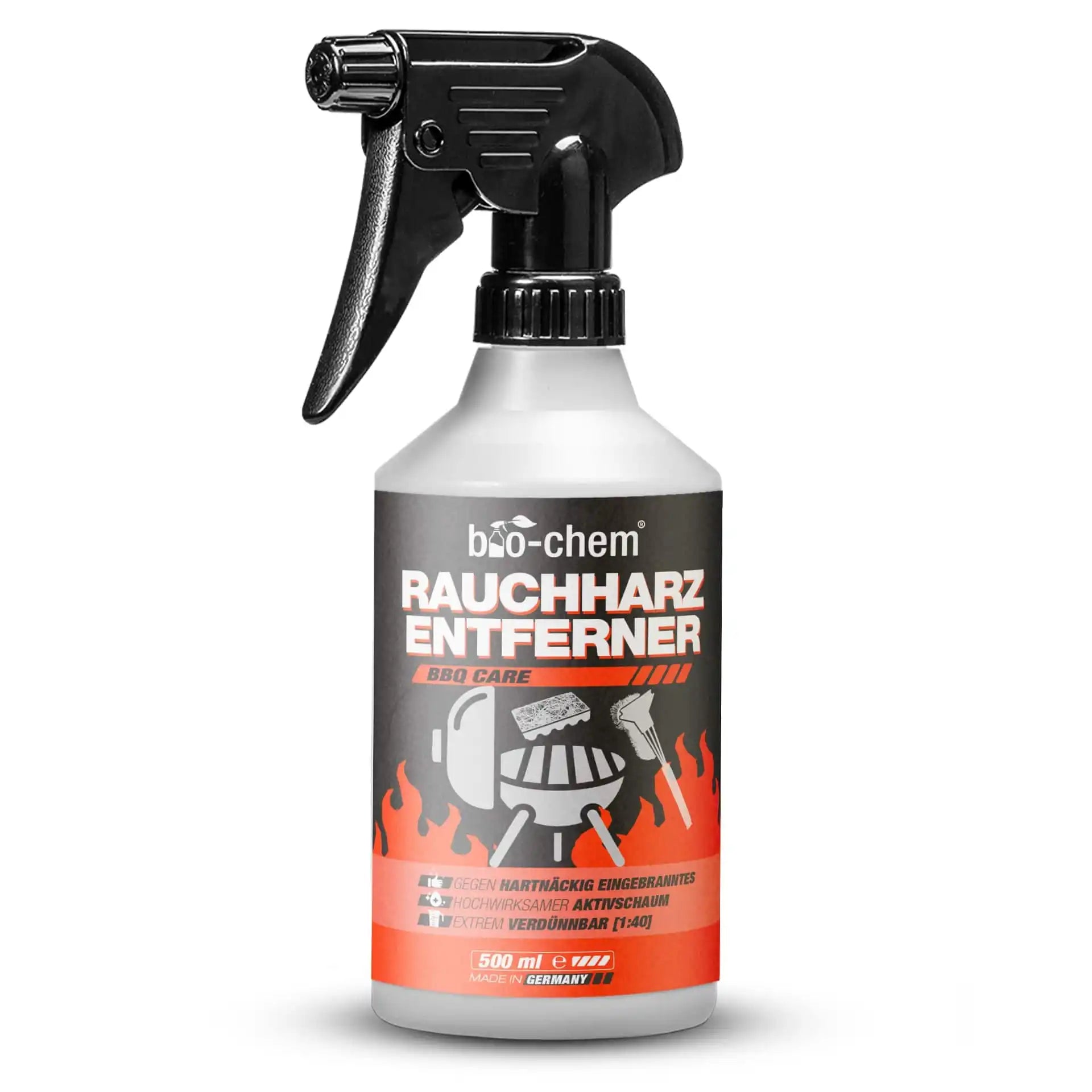 Sprühflasche bio-chem Rauchharzentferner 500 ml vor sauberem und verschmutztem Grillrost