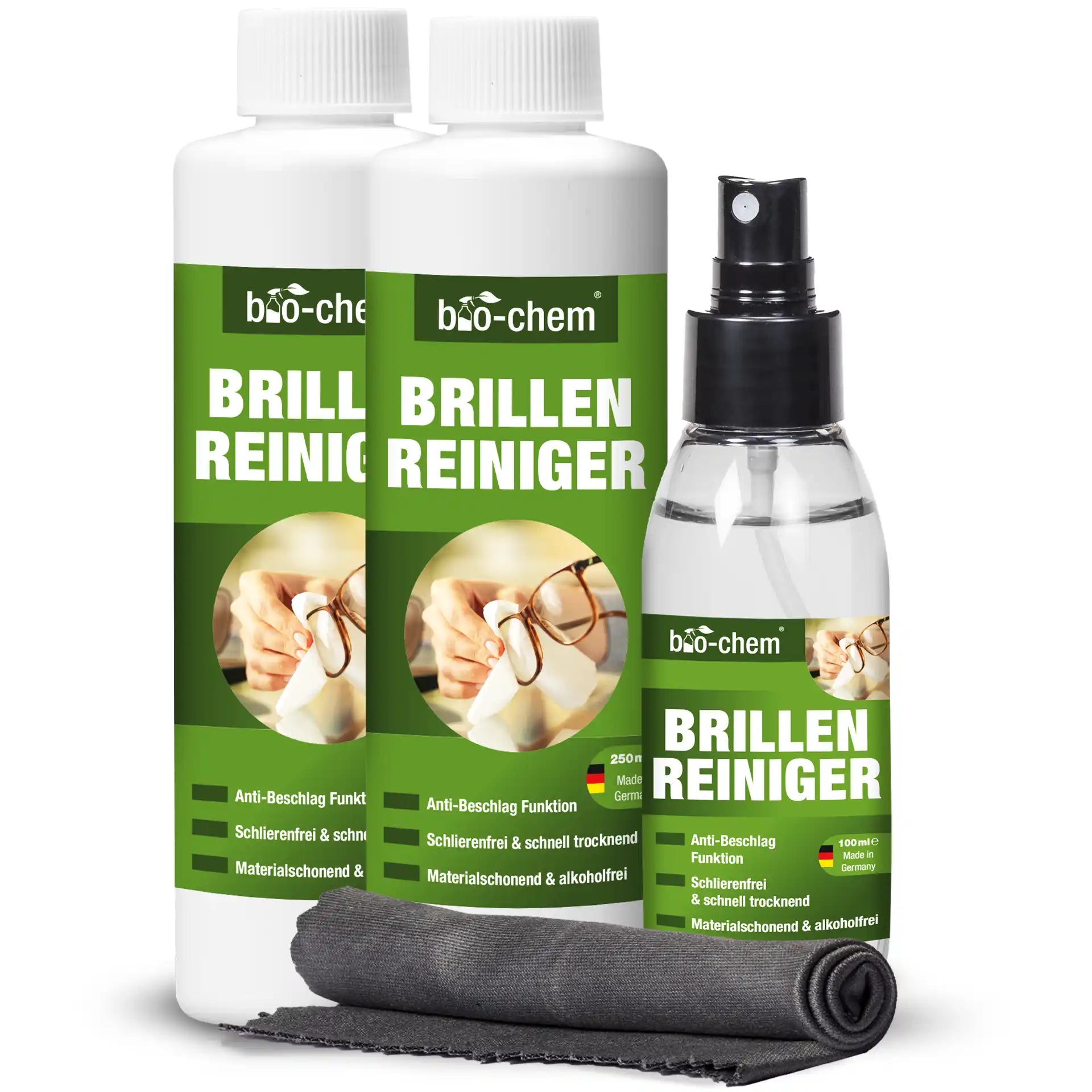 Bio-Chem Brillenreiniger Doppelpack 2×250 ml plus 100 ml Flasche und Mikrofasertuch – schonende Reinigung für alle Brillen
