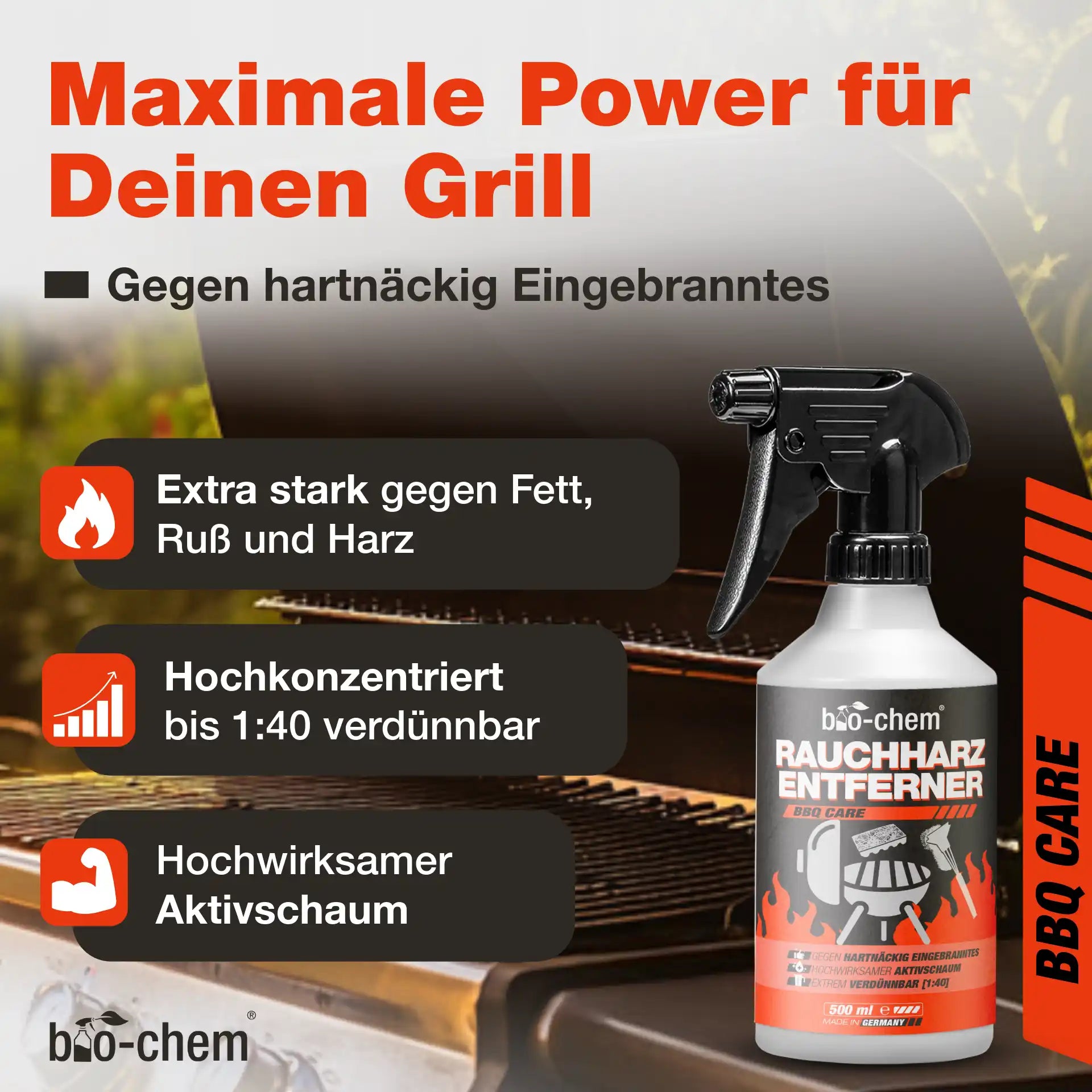Flasche vor Grillhintergrund mit Icons für Fettlösekraft, Aktivschaum, Konzentration bis 1:40