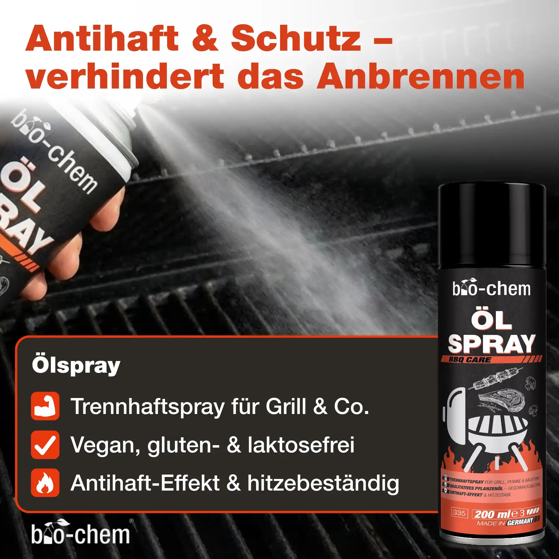 Anwendung des bio-chem BBQ Ölsprays auf dem Grillrost als Antihaft-Schutz gegen Anbrennen, vegan und hitzebeständig.