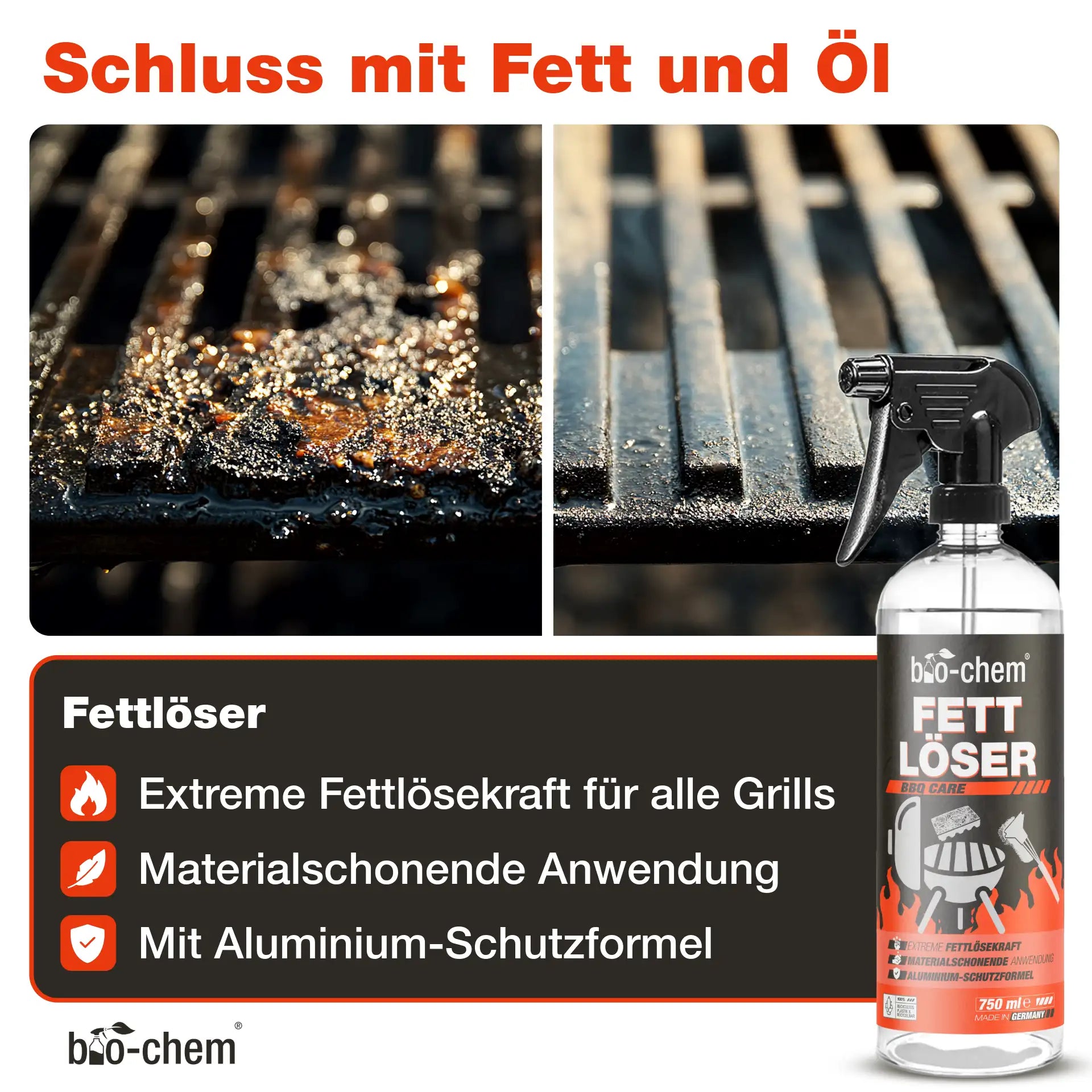 Verschmutzter und gereinigter Grillrost im Vergleich mit bio-chem Fettlöser Sprühflasche zur Entfernung von Fett und Öl