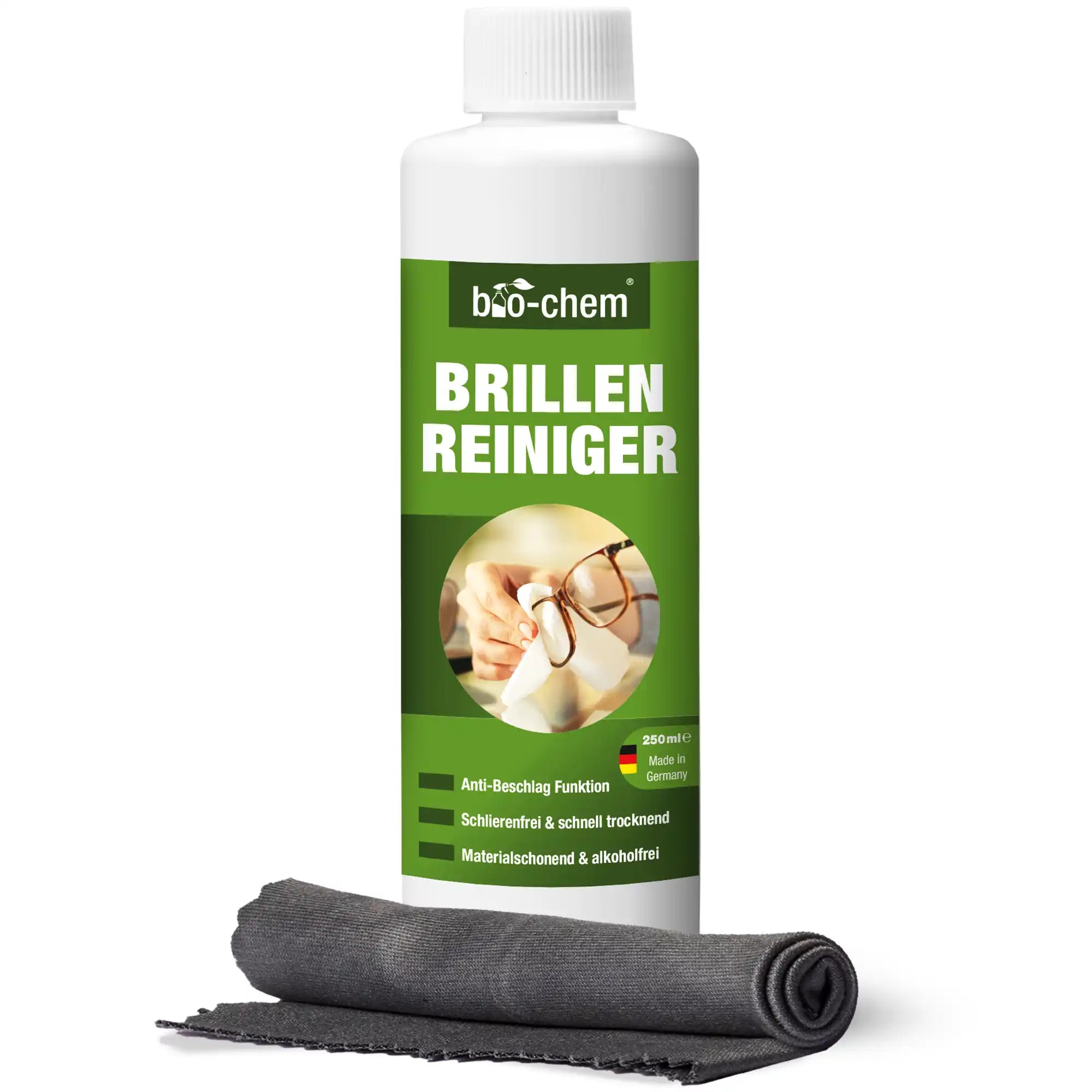 Bio-Chem Brillenreiniger 250 ml mit Mikrofasertuch – Anti-Beschlag, streifenfrei und schnell trocknend