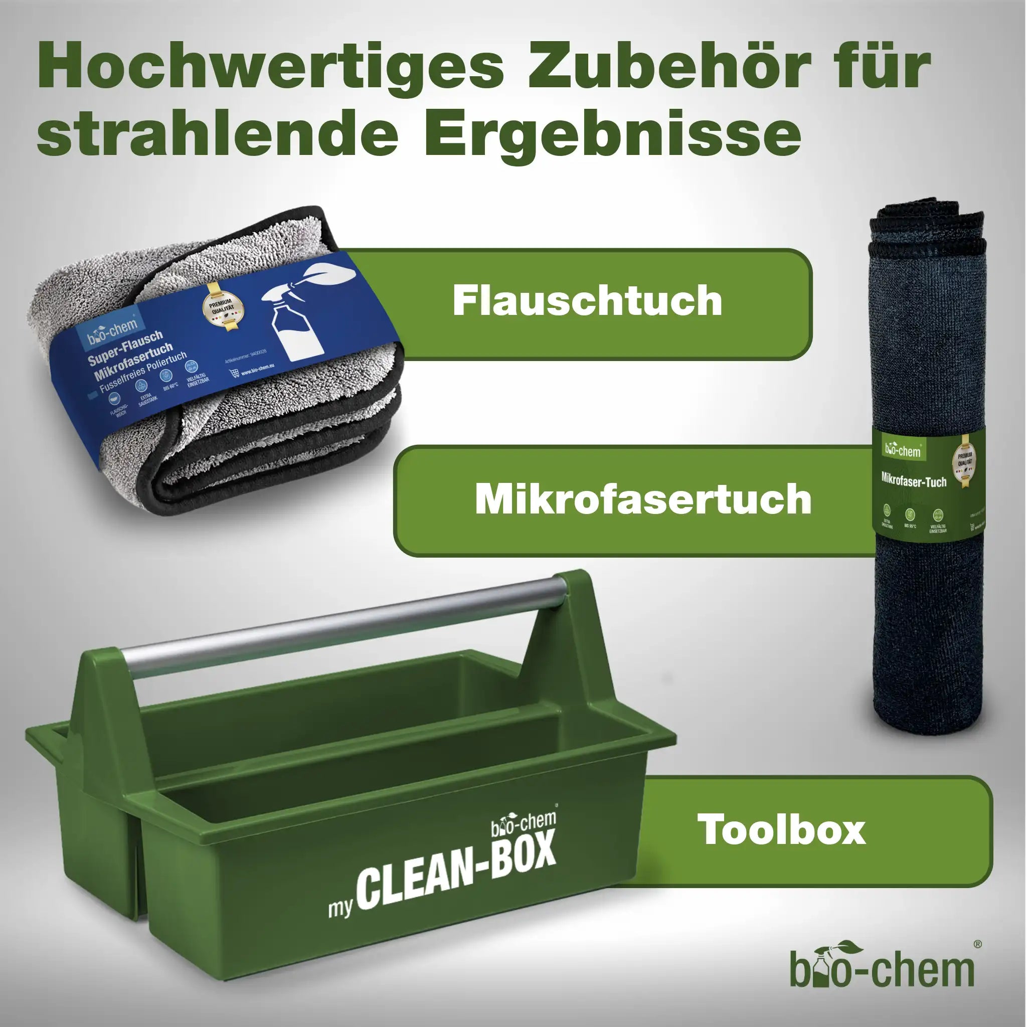 Zubehörset mit Mikrofasertüchern, Flausch und Toolbox von bio‑chem – Artikel 9000165