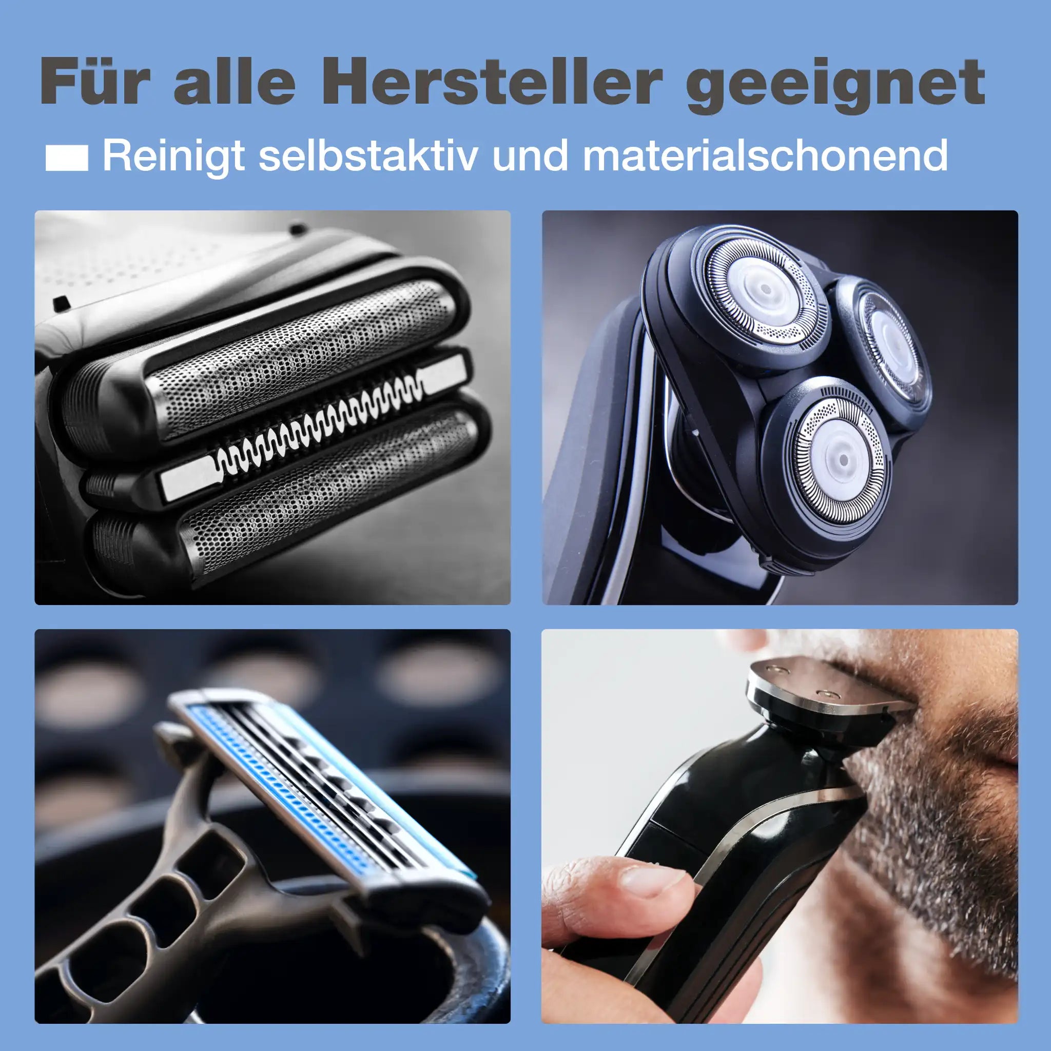 Reinigung für alle Rasierer-Typen: Scherkopf-, Folien- und Rotationsrasierer – Artikel 9100004
