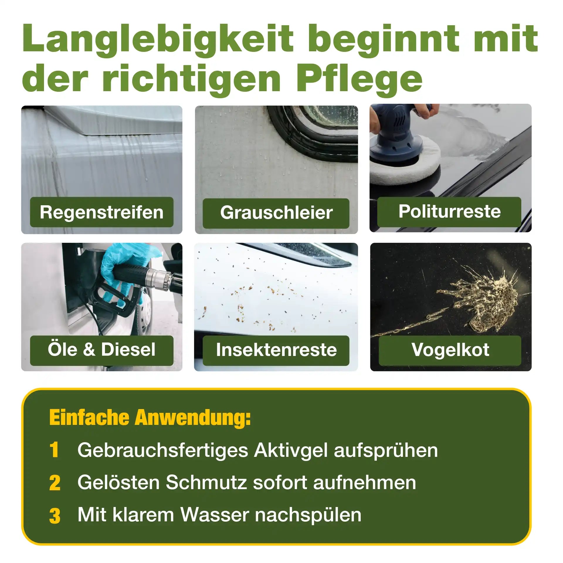 Anwendungsbereiche Regenstreifen, Grauschleier, Öl Diesel, Insektenentferner, Vogelkot.