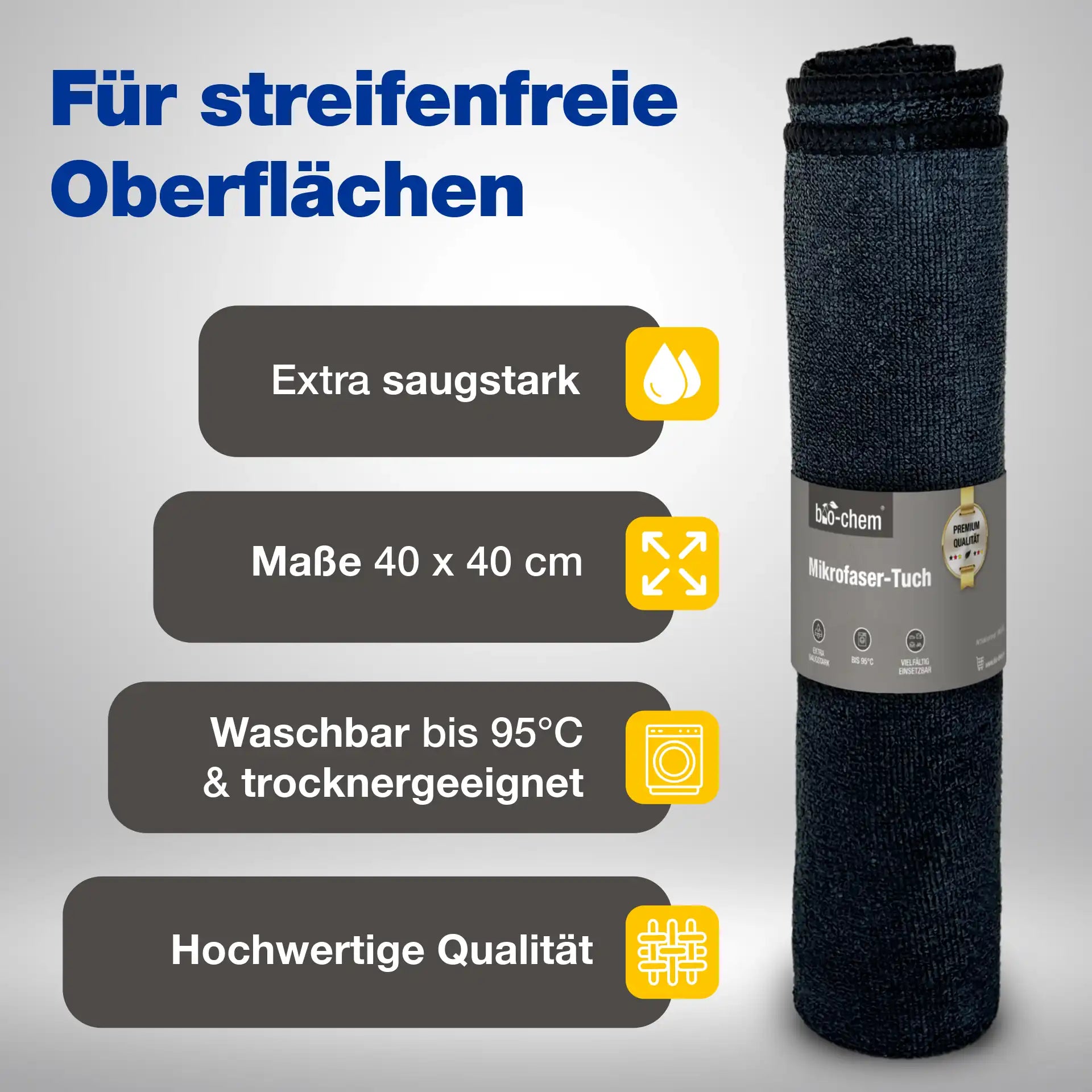 Hochwertiges Mikrofasertuch – 40x40 cm, bis 95 °C waschbar – Artikel 9000164