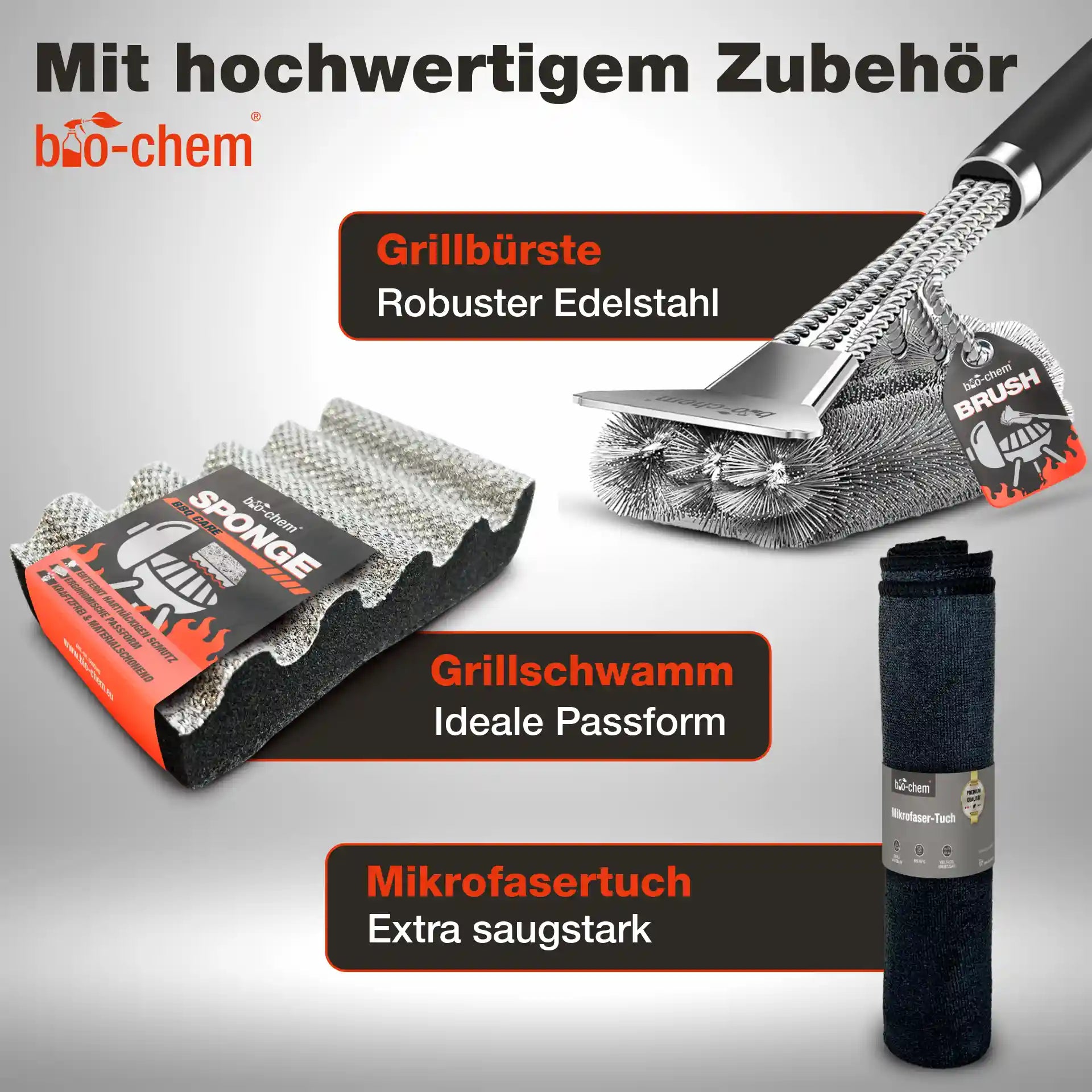 Hochwertiges Grillzubehör: Edelstahl-Grillbürste, ergonomischer Grillschwamm und saugstarkes Mikrofasertuch von bio-chem.