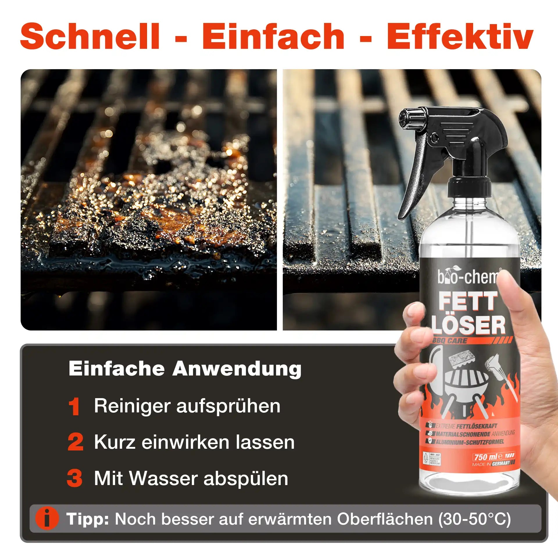Vergleichsbild eines stark verschmutzten und gereinigten Grillrosts, daneben Produktflasche in Hand