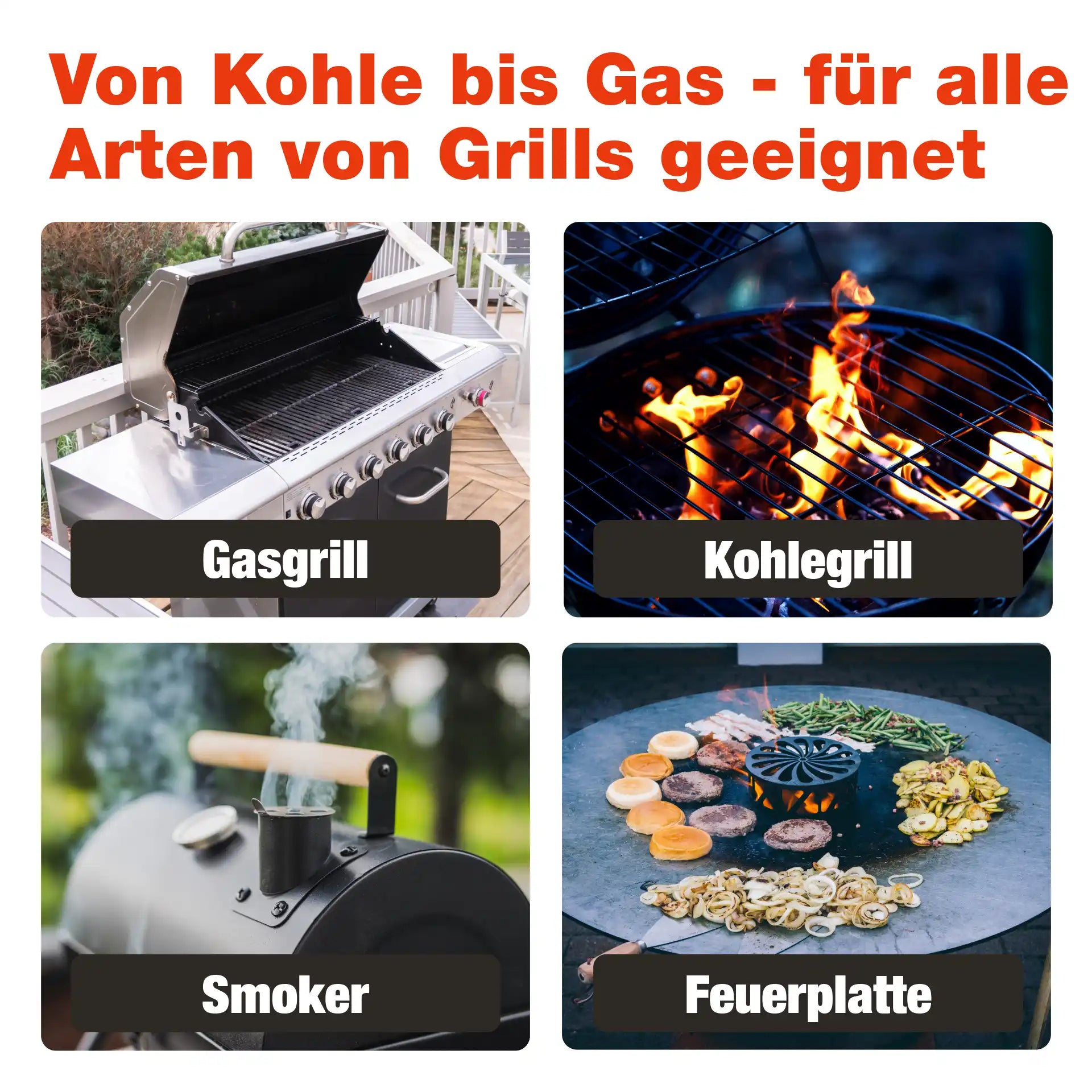 Bilder von Gasgrill, Kohlegrill, Smoker und Feuerplatte mit Text: „Für alle Grilltypen geeignet“