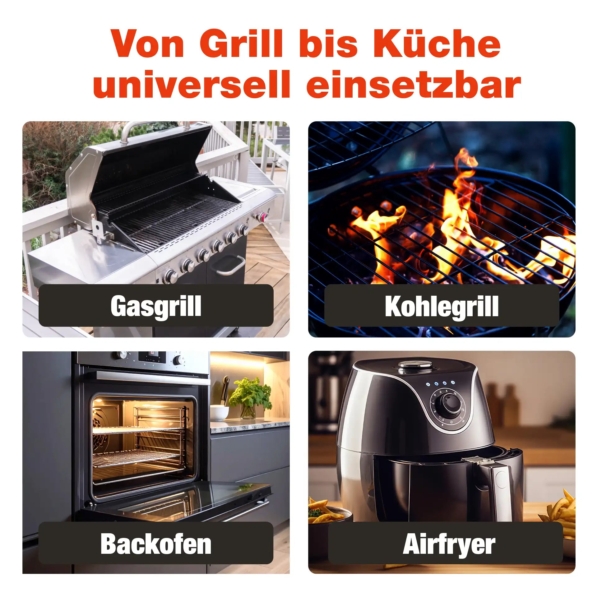 Anwendungsbereiche des Grillreinigers dargestellt mit Gasgrill, Holzkohlegrill, Backofen und Heißluftfritteuse