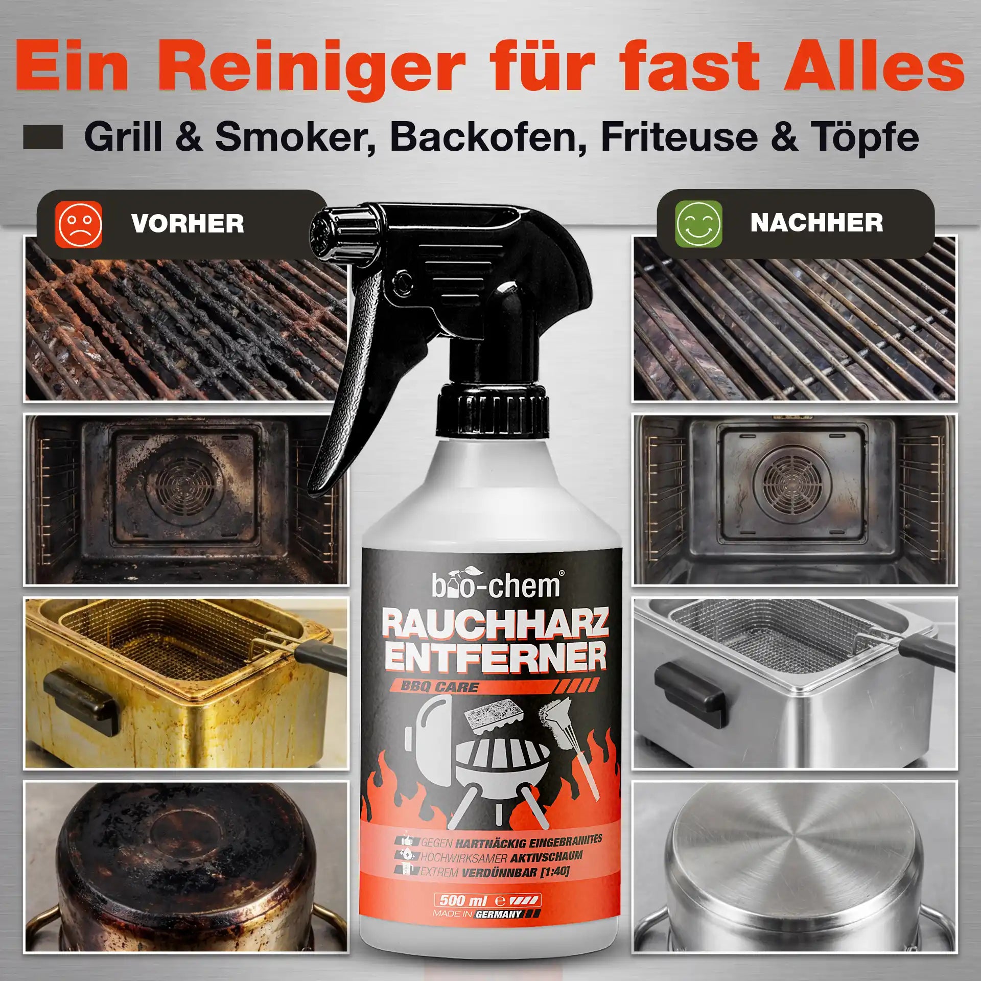 Verschmutzte und gereinigte Oberflächen von Grill, Ofen und Fritteuse im Vergleich