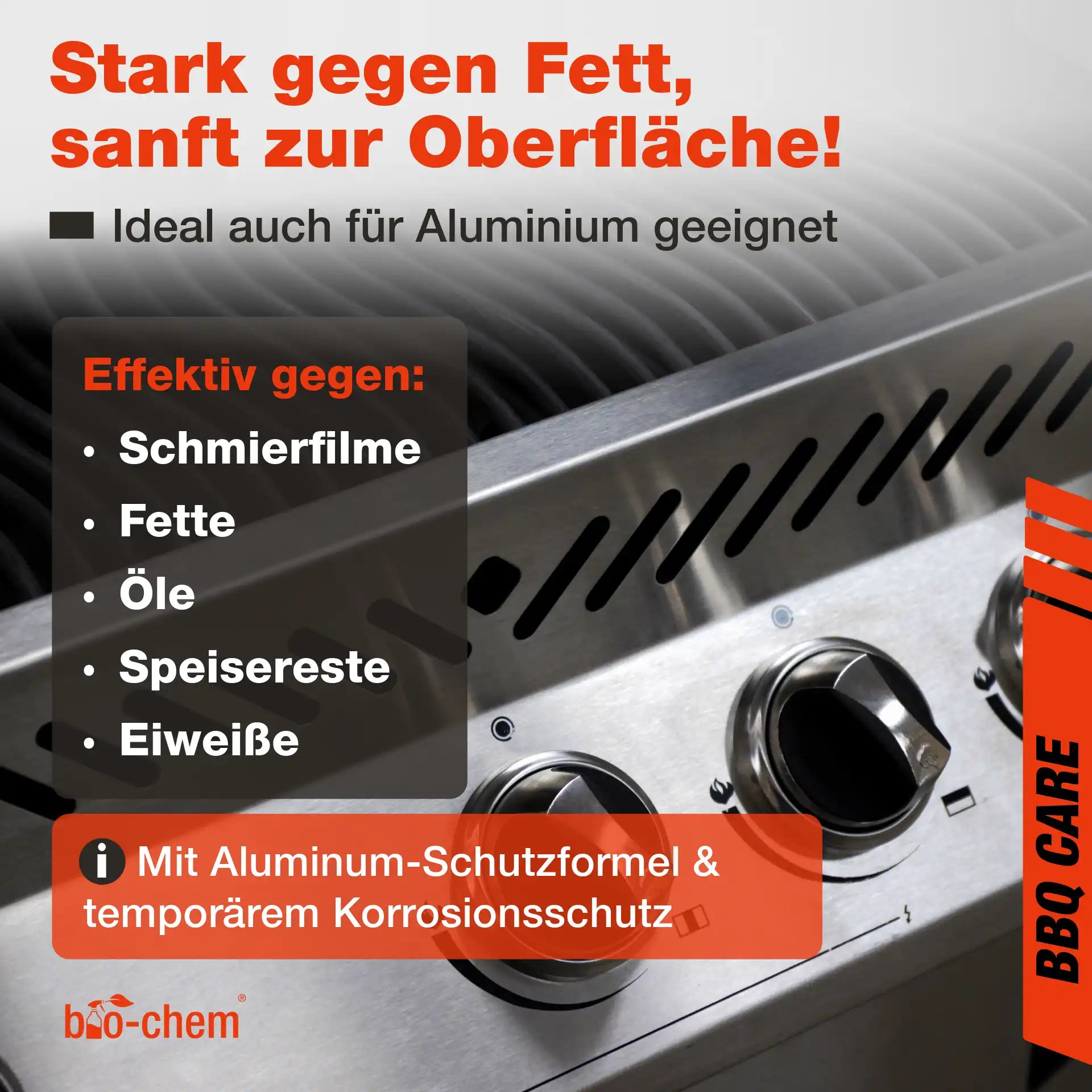 Detailaufnahme eines Edelstahlgrills mit Text-Overlay zu typischen Verschmutzungen, die der Reiniger entfernt