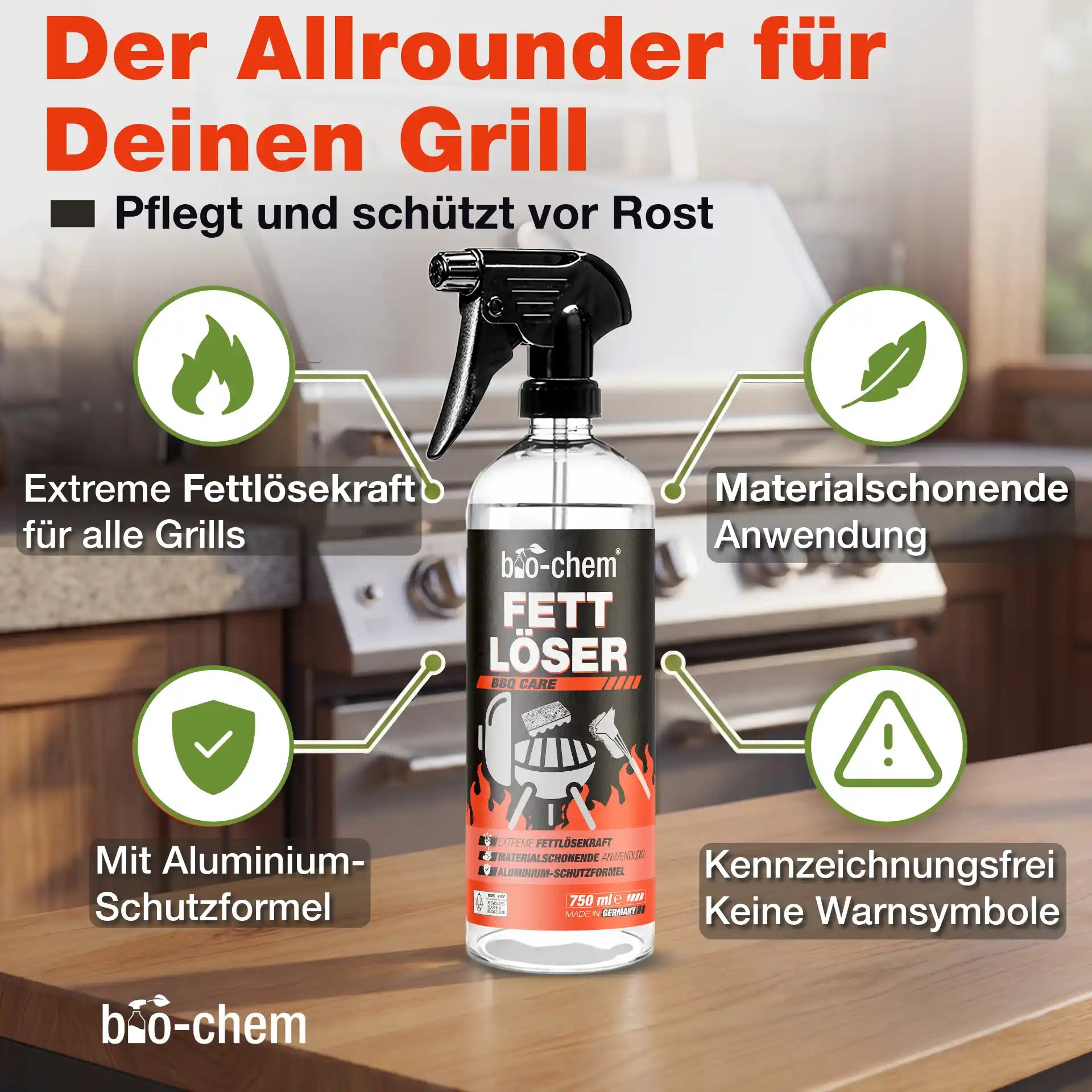 bio-chem BBQ Care Fettlöser: Materialschonend mit Aluminium-Schutzformel, Rostschutz und ohne Warnsymbole.