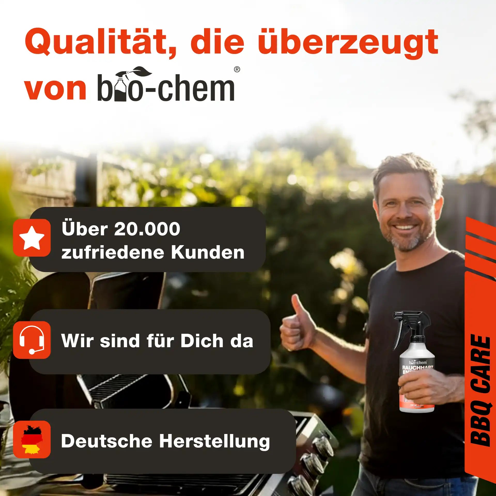 Mann vor Grill mit Daumen hoch und bio-chem Flasche in der Hand – Vertrauen, Support, Herstellung in DE