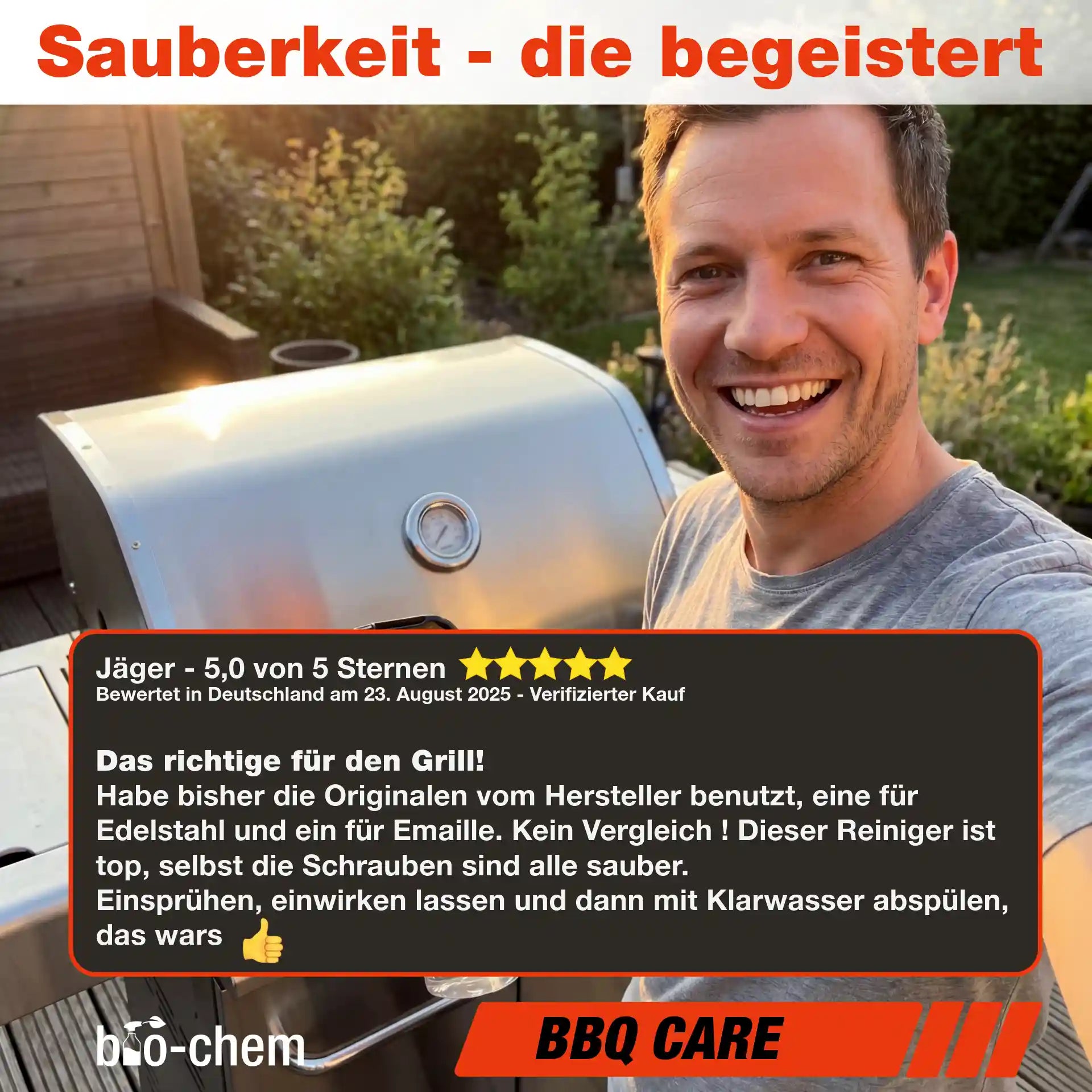 Positive 5-Sterne Kundenbewertung für bio-chem BBQ Care Grillreiniger mit zufriedenem Anwender am sauberen Grill.