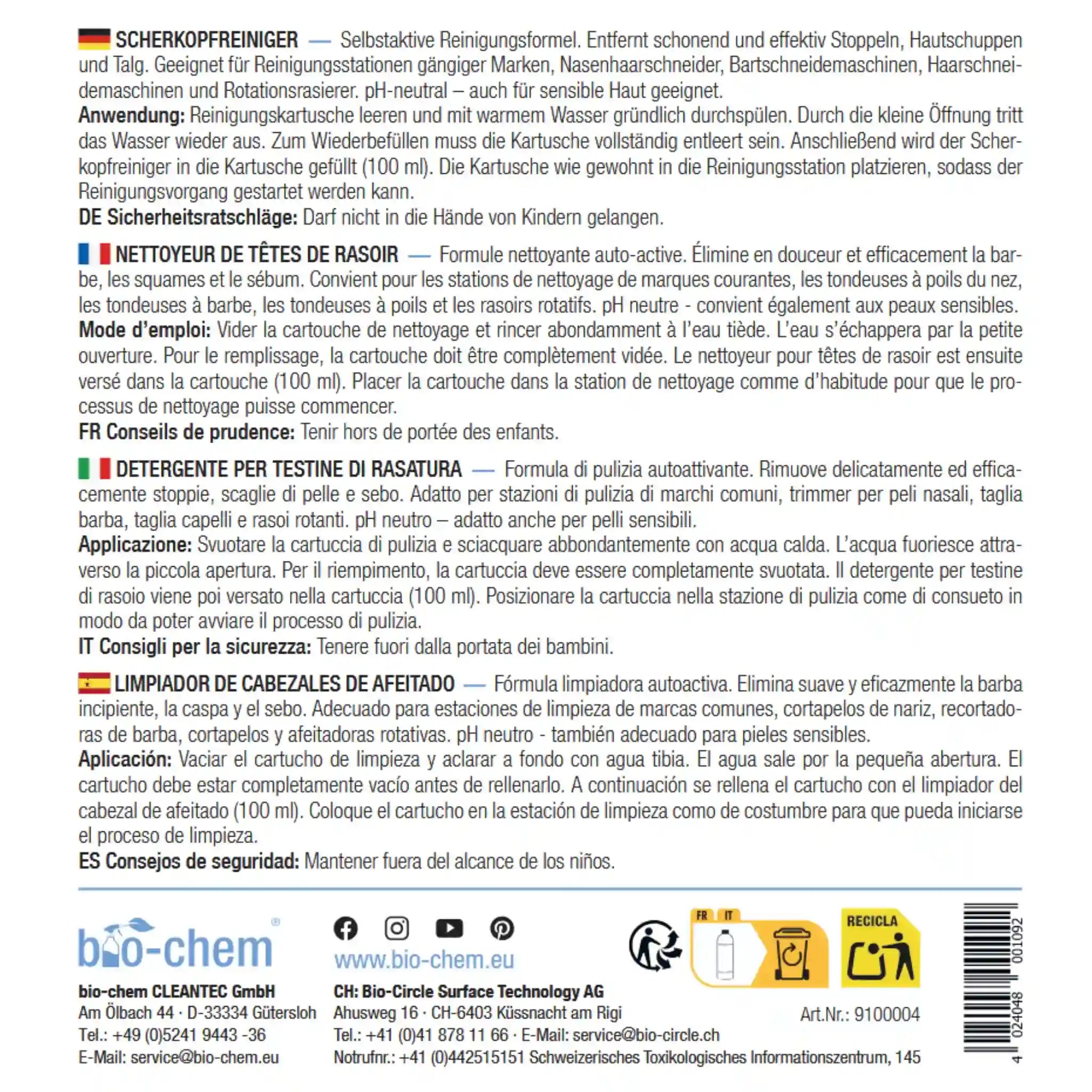 Produktlabel des Scherkopfreinigers mit Anwendung & Sicherheitshinweisen in mehreren Sprachen – Artikel 9100004