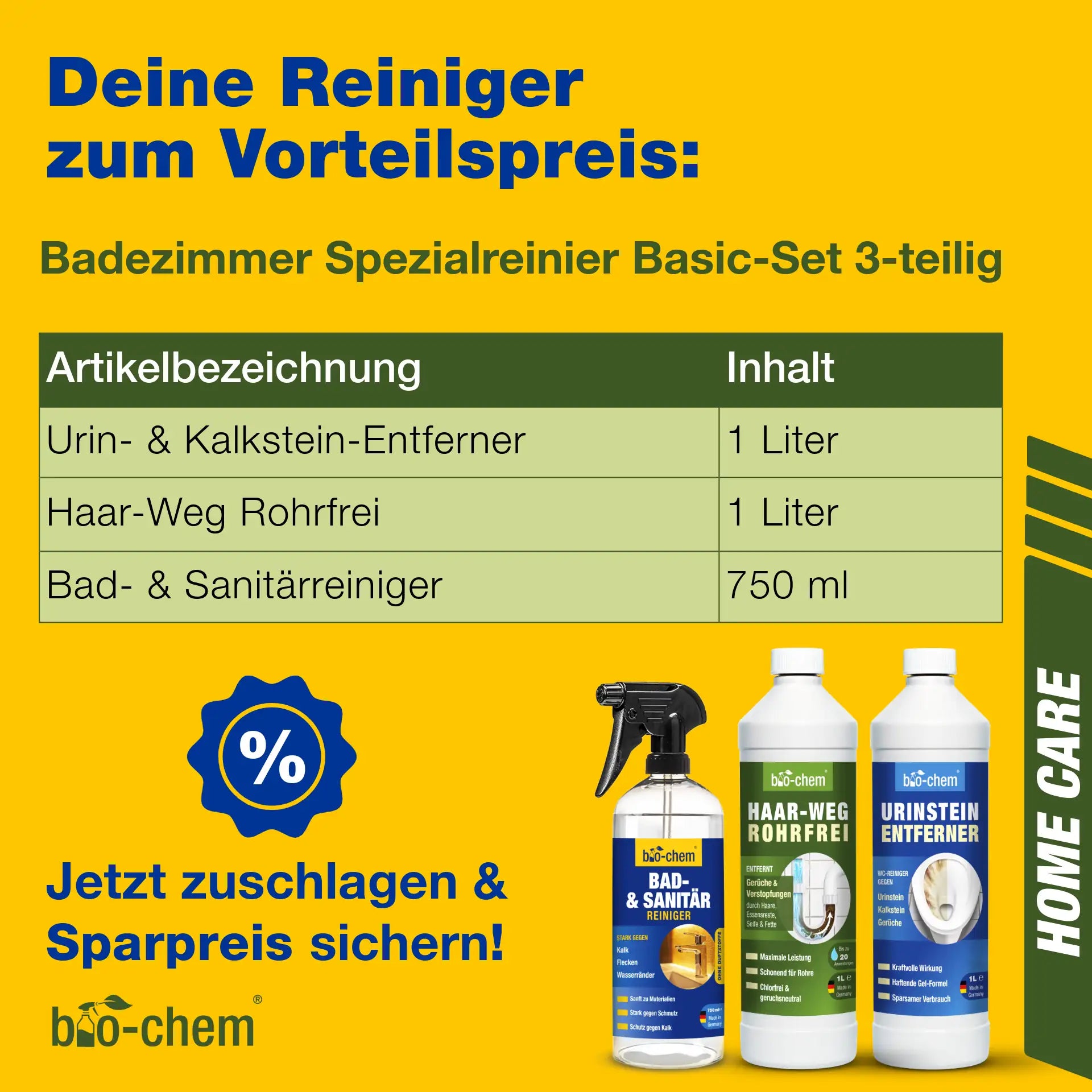 Vorteilspack: Bad- & Sanitärreiniger, Haar-Weg Rohrfrei und Urinstein-Entferner – Artikel 900006