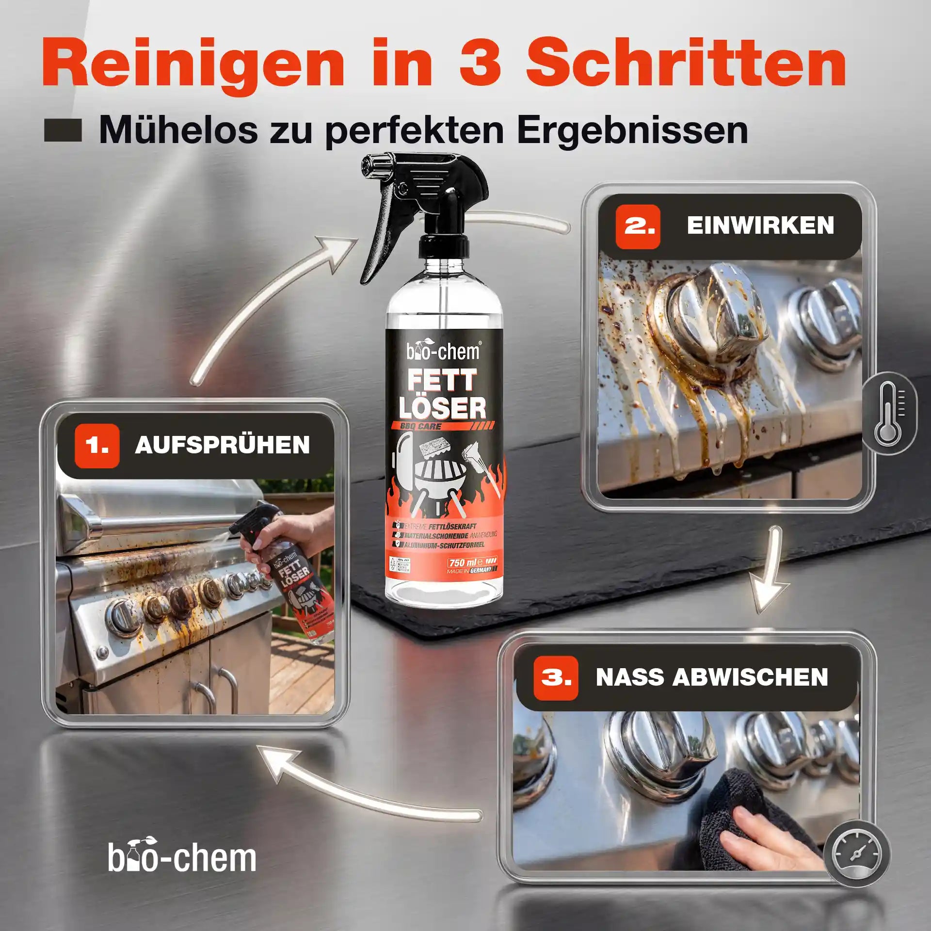 Grill reinigen in 3 Schritten mit bio-chem BBQ Care: Aufsprühen, kurz einwirken lassen und einfach nass abwischen.