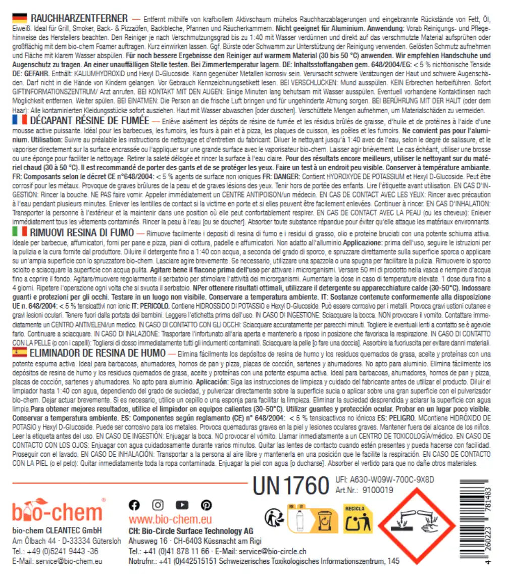 Produktlabel mit mehrsprachiger Gebrauchsanleitung, Sicherheits- und Inhaltsstoffangaben
