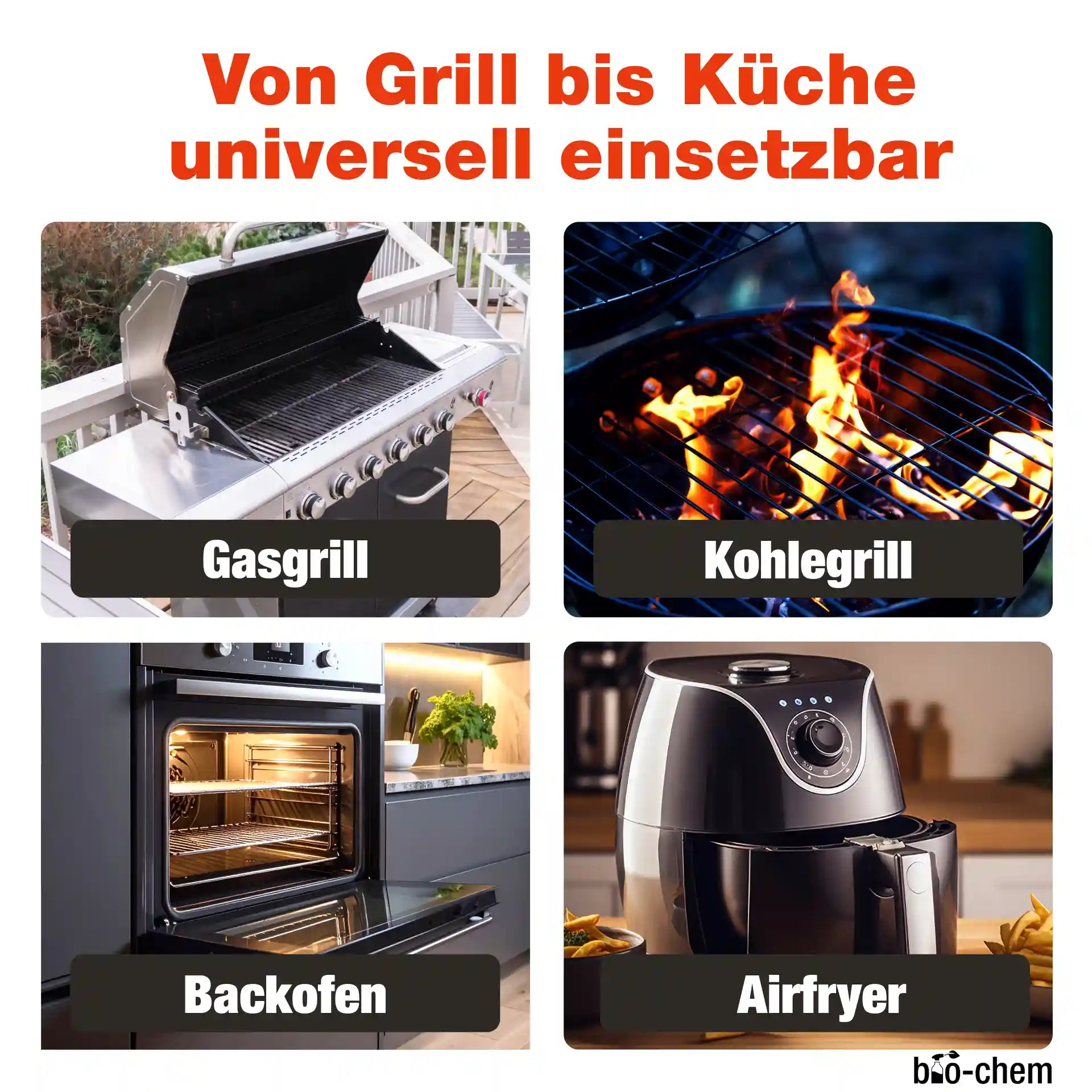 Universeller Fettlöser für Gasgrill, Kohlegrill, Backofen und Airfryer – bio-chem BBQ Care Anwendungsmöglichkeiten.