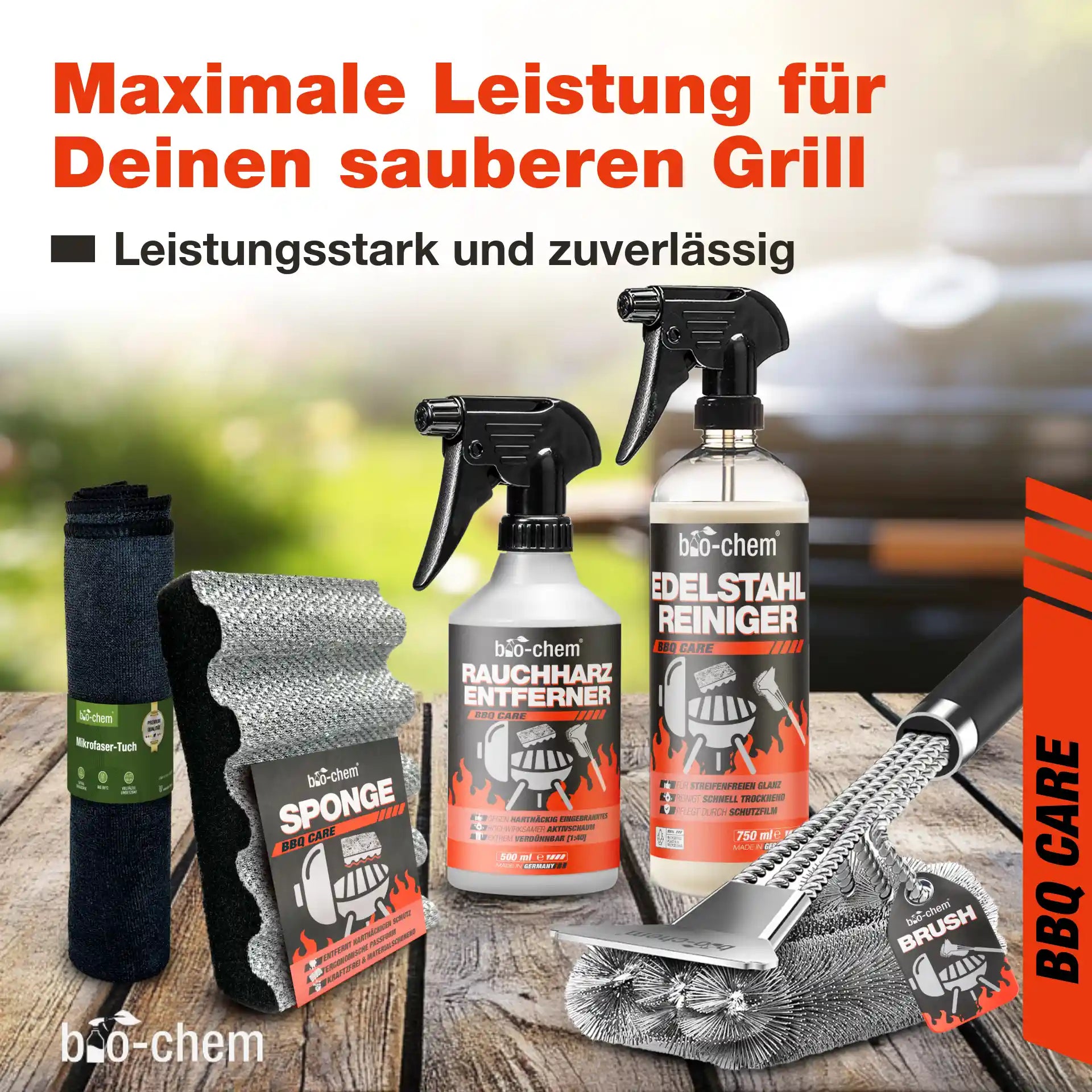 Reinigungsset mit Edelstahlreiniger, Rauchharz-Entferner, Mikrofasertuch, Grillschwamm und Grillbürste – auf Holzuntergrund