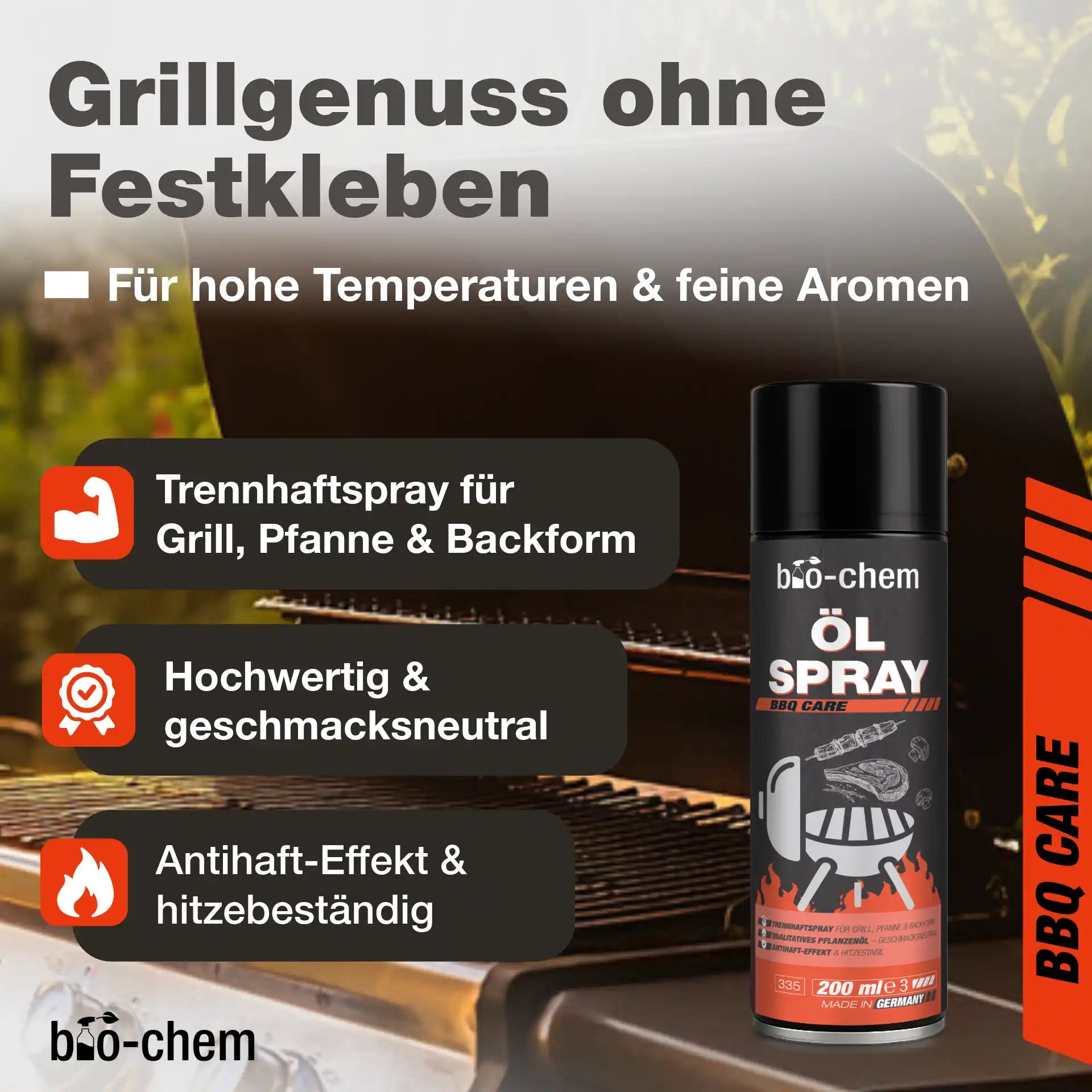 bio-chem Ölspray am Grill mit Infotext zu Antihaft-Effekt, Hitzebeständigkeit und geschmacksneutraler Qualität
