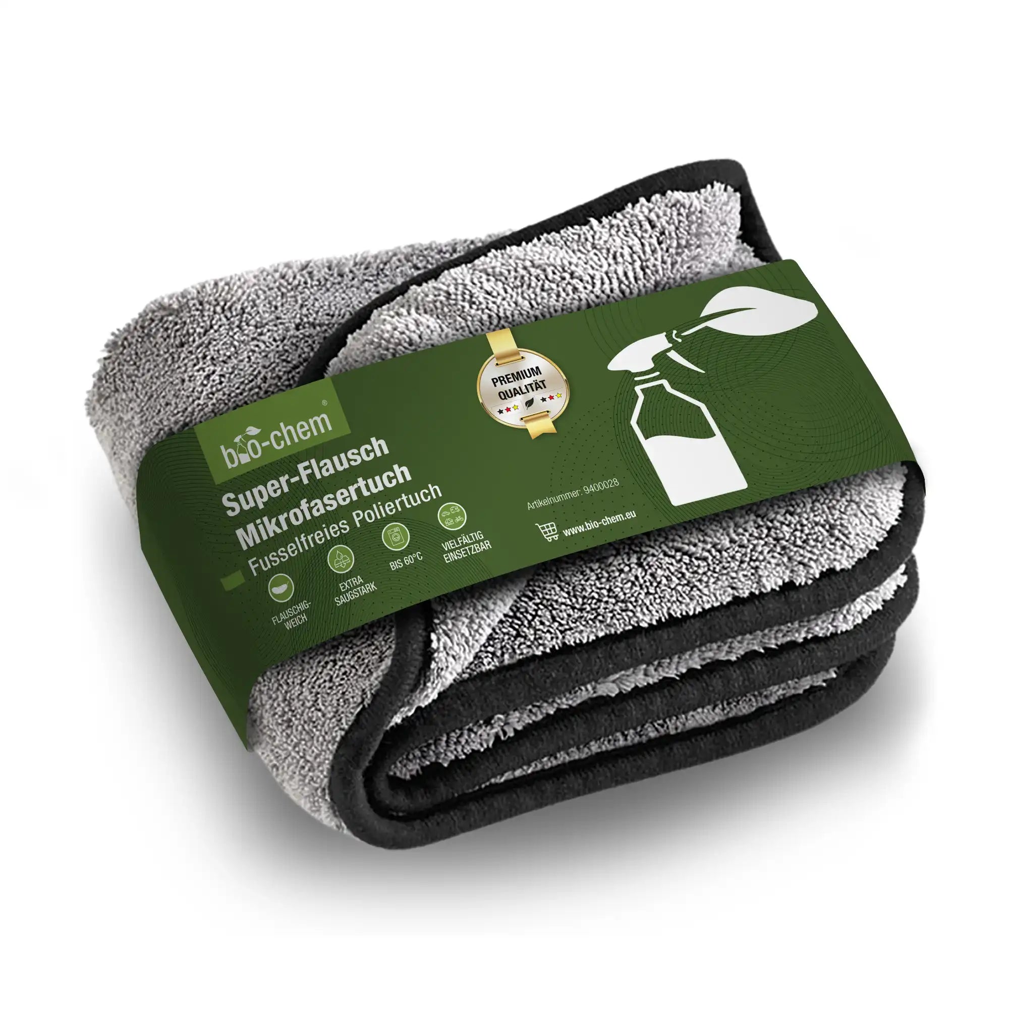 Grau-schwarzes Bio-Chem Super-Flausch Mikrofasertuch, fusselfrei und extra saugstark, mit grünem Produktetikett