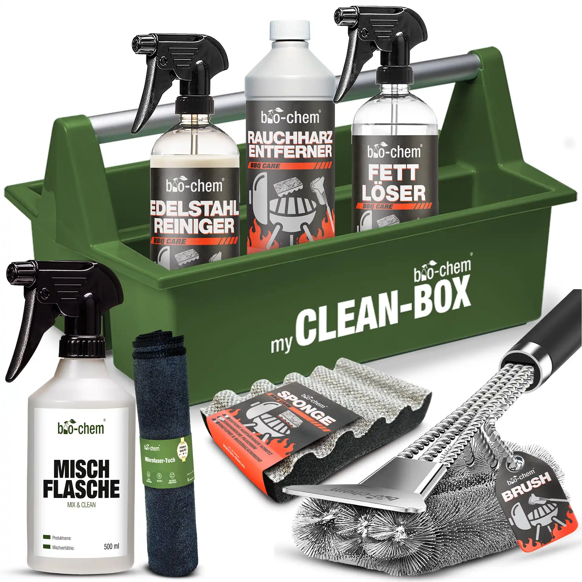 bio-chem Clean-Box – BBQ-Reinigungskit mit Edelstahlreiniger, Fettlöser, Rauchharz-Entferner, Mischflasche, Mikrofaser-Tuch, Schwamm und Grillbürste