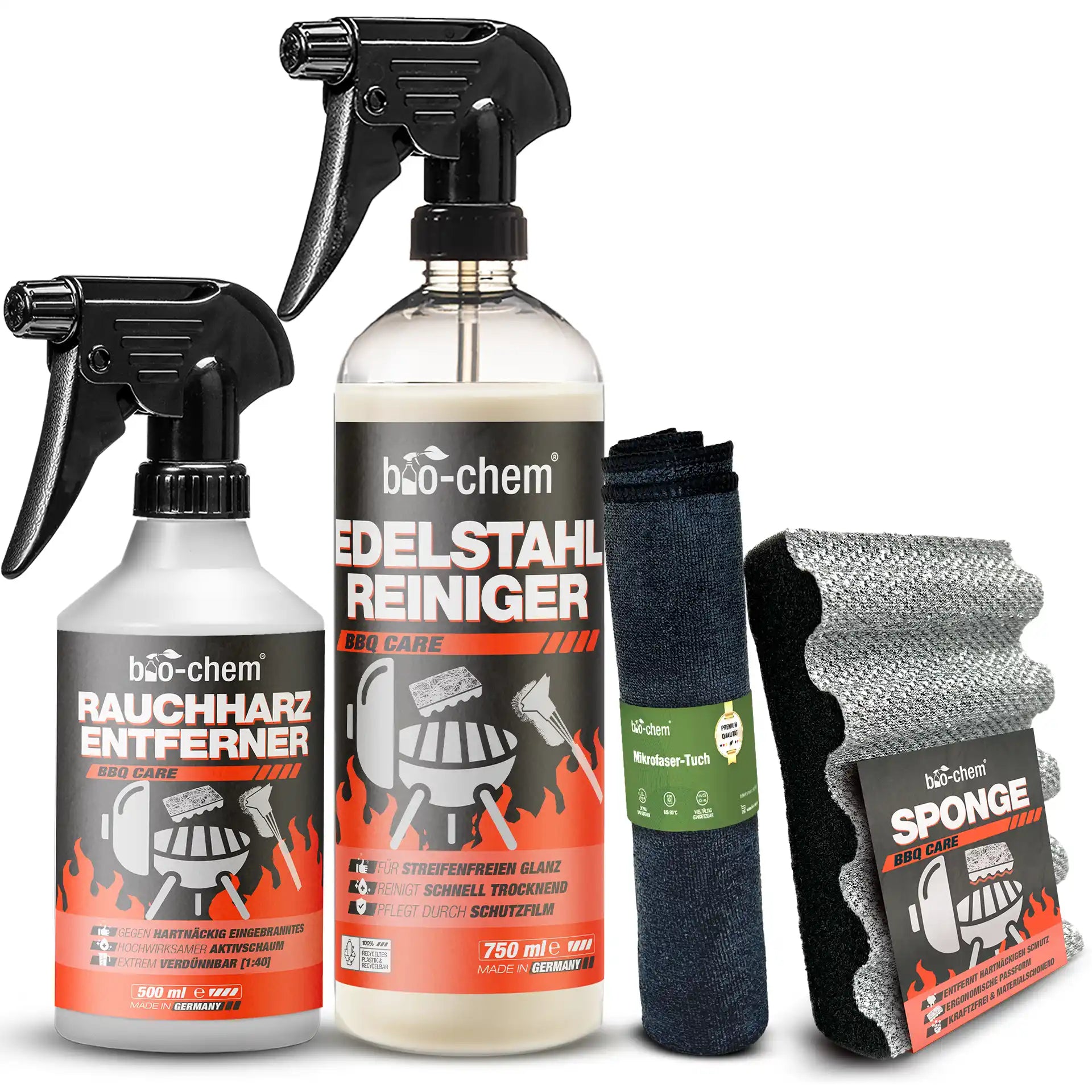 Komplettset bestehend aus bio-chem Rauchharz-Entferner (500 ml), Edelstahlreiniger (750 ml), Mikrofaser-Reinigungstuch und Grillschwamm