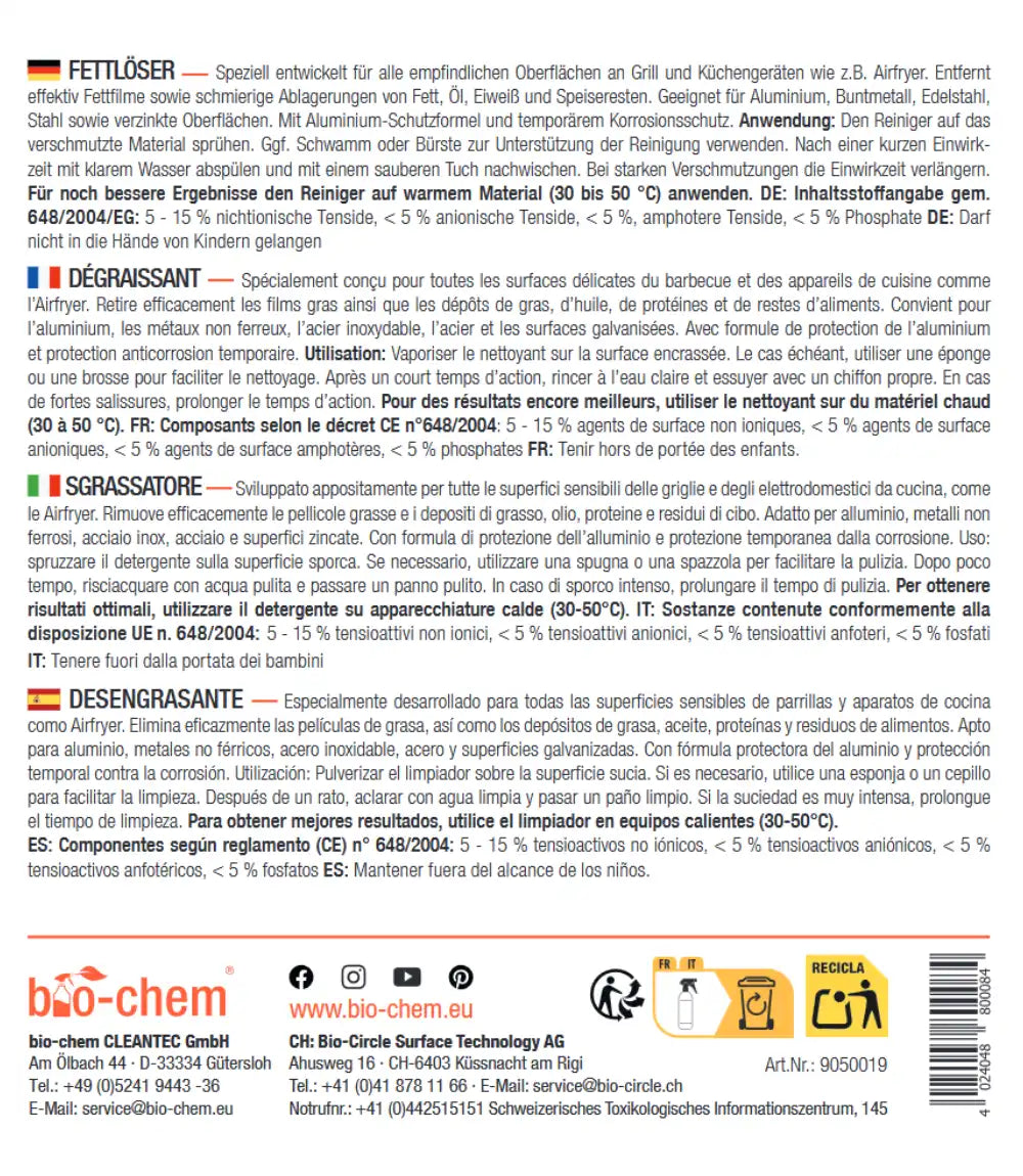 Etikett mit Anleitung, Sicherheitshinweisen und Inhaltsstoffen auf Deutsch, Englisch, Französisch, Spanisch, Italienisch