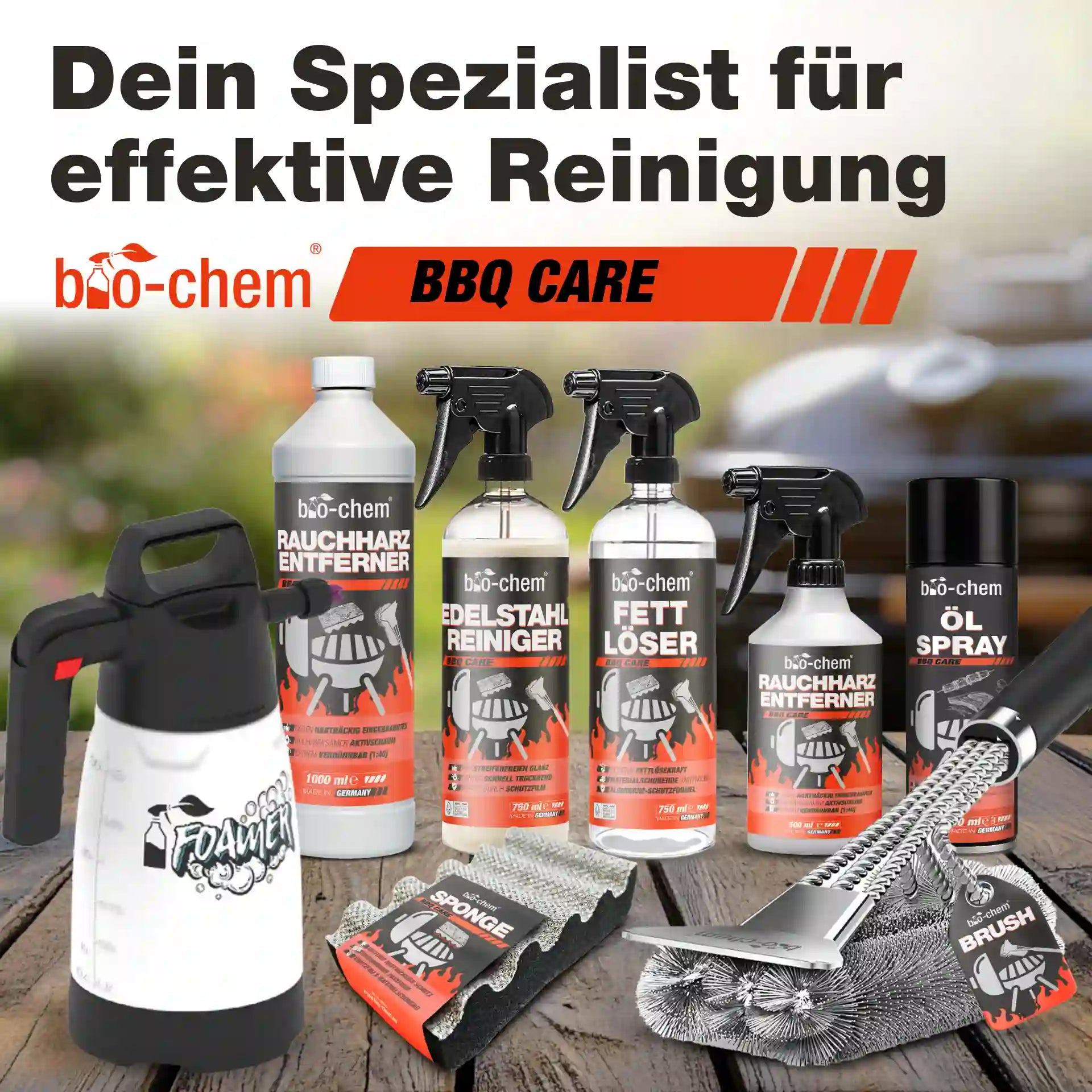 Übersicht der bio-chem BBQ Care Spezialreiniger: Fettlöser, Rauchharzentferner, Edelstahlreiniger, Bürste und Foamer.