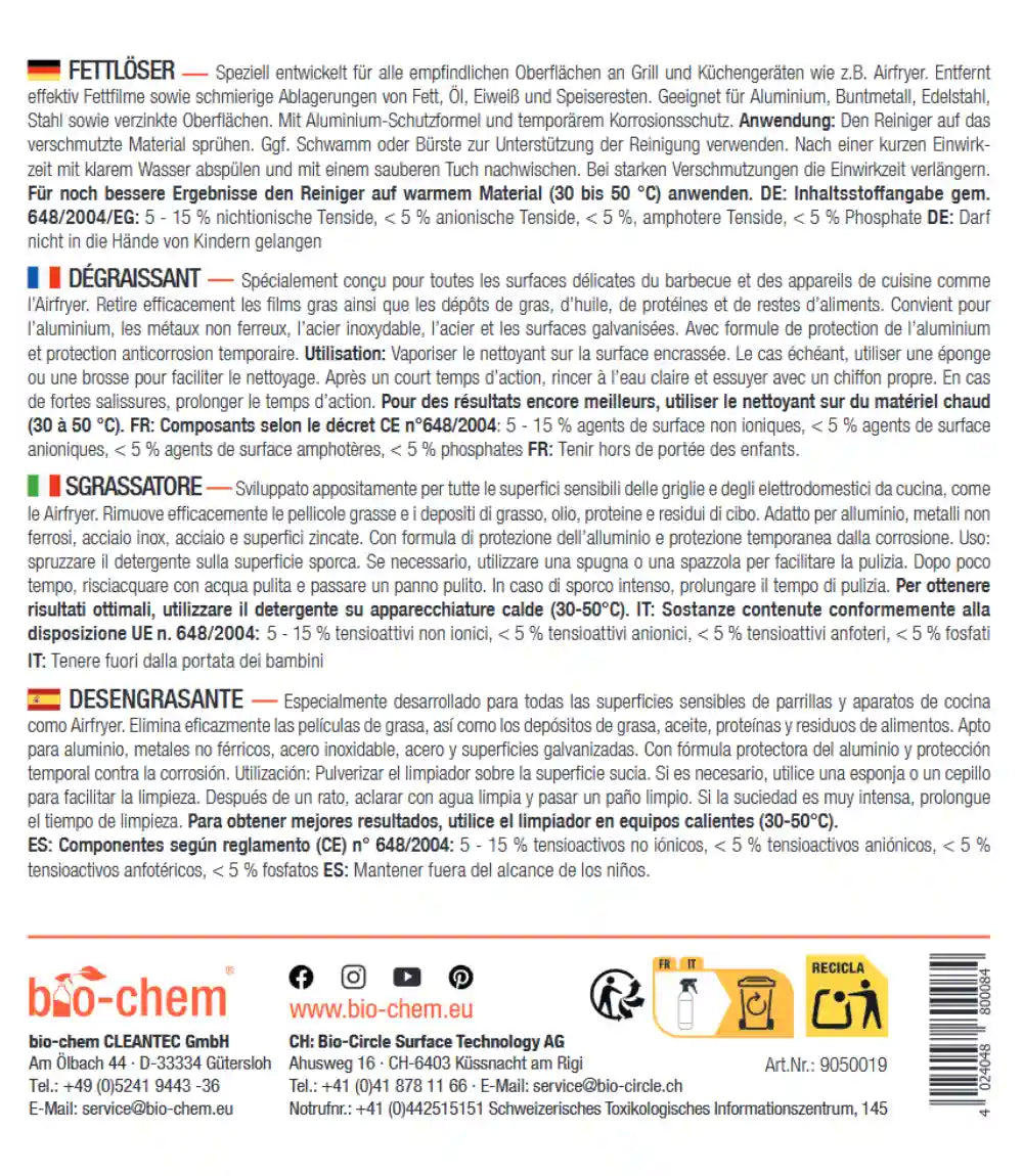 Rücketikett des bio-chem Fettlösers mit detaillierten Anwendungshinweisen, Inhaltsstoffen und Herstellerangaben in Deutsch, Französisch, Italienisch und Spanisch.