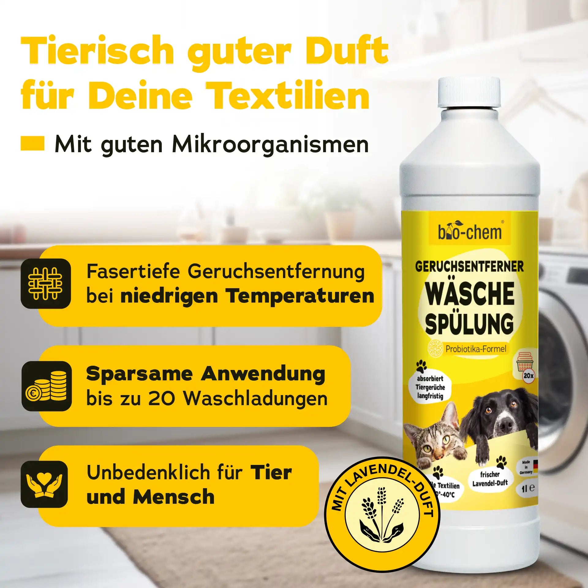 Werbegrafik mit Flasche Bio-Chem Geruchsentferner Wäschespülung, Vorteilen wie tiefer Geruchsentfernung, sparsamer Anwendung und Unbedenklichkeit für Mensch und Tier