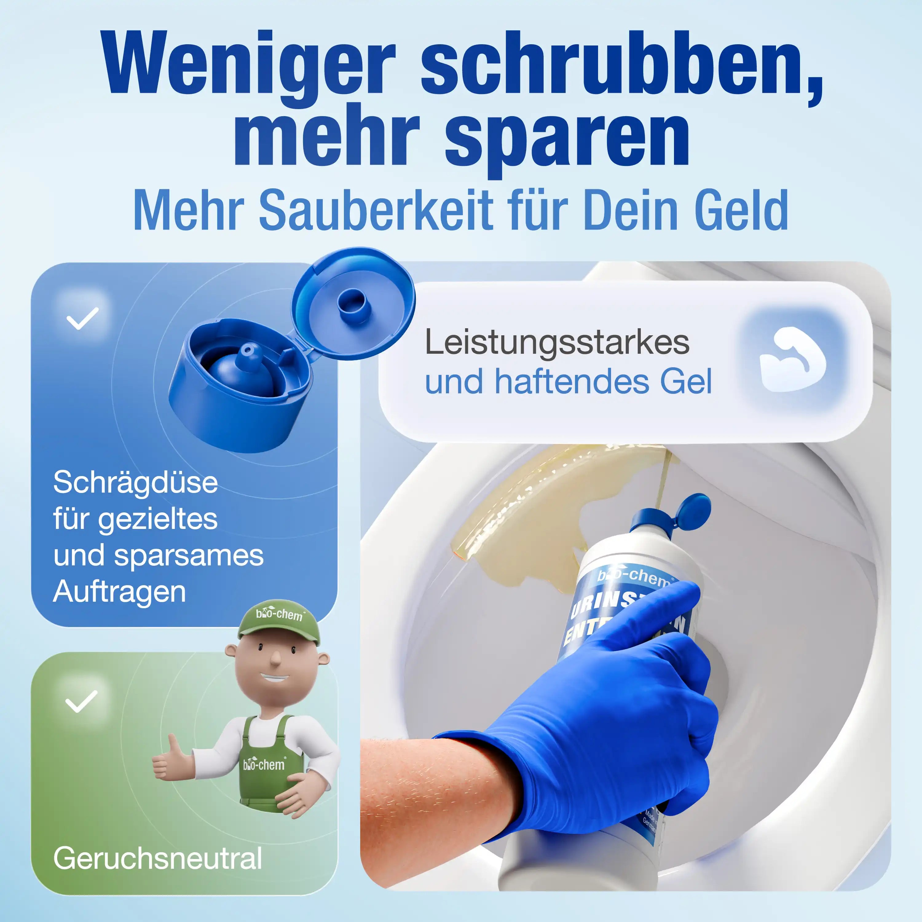 Verschmutzte Toilette mit Urinstein im Vergleich zu einer sauberen nach der Reinigung – animierte Figur zeigt Ergebnis