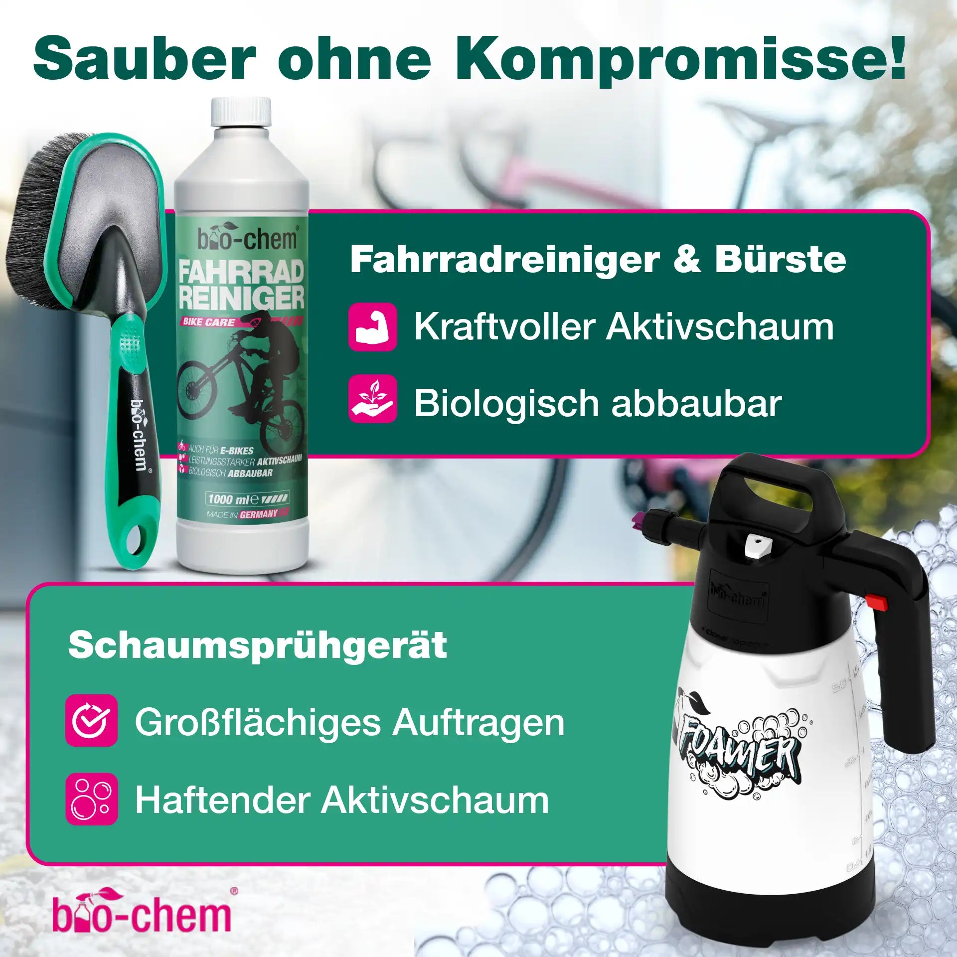 Fahrradreiniger mit kraftvollem Aktivschaum, biologisch abbaubar, inklusive schonender Bürste und Schaumsprühgerät für großflächiges Auftragen von bio-chem