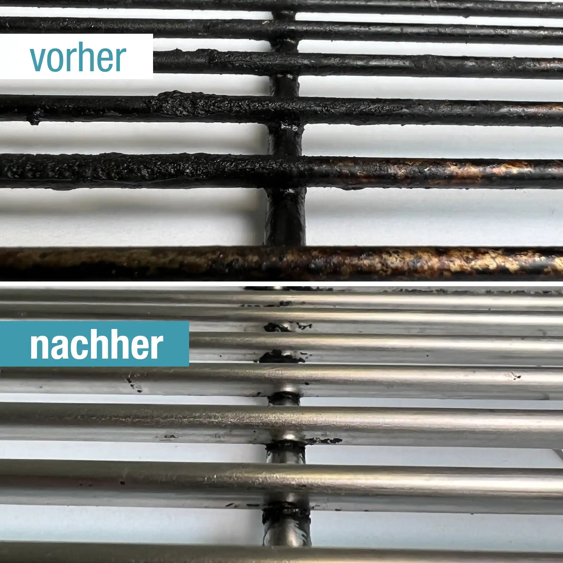 Oben stark eingebrannter Grillrost, unten sauber glänzend – gereinigt mit bio-chem Reinigungsset