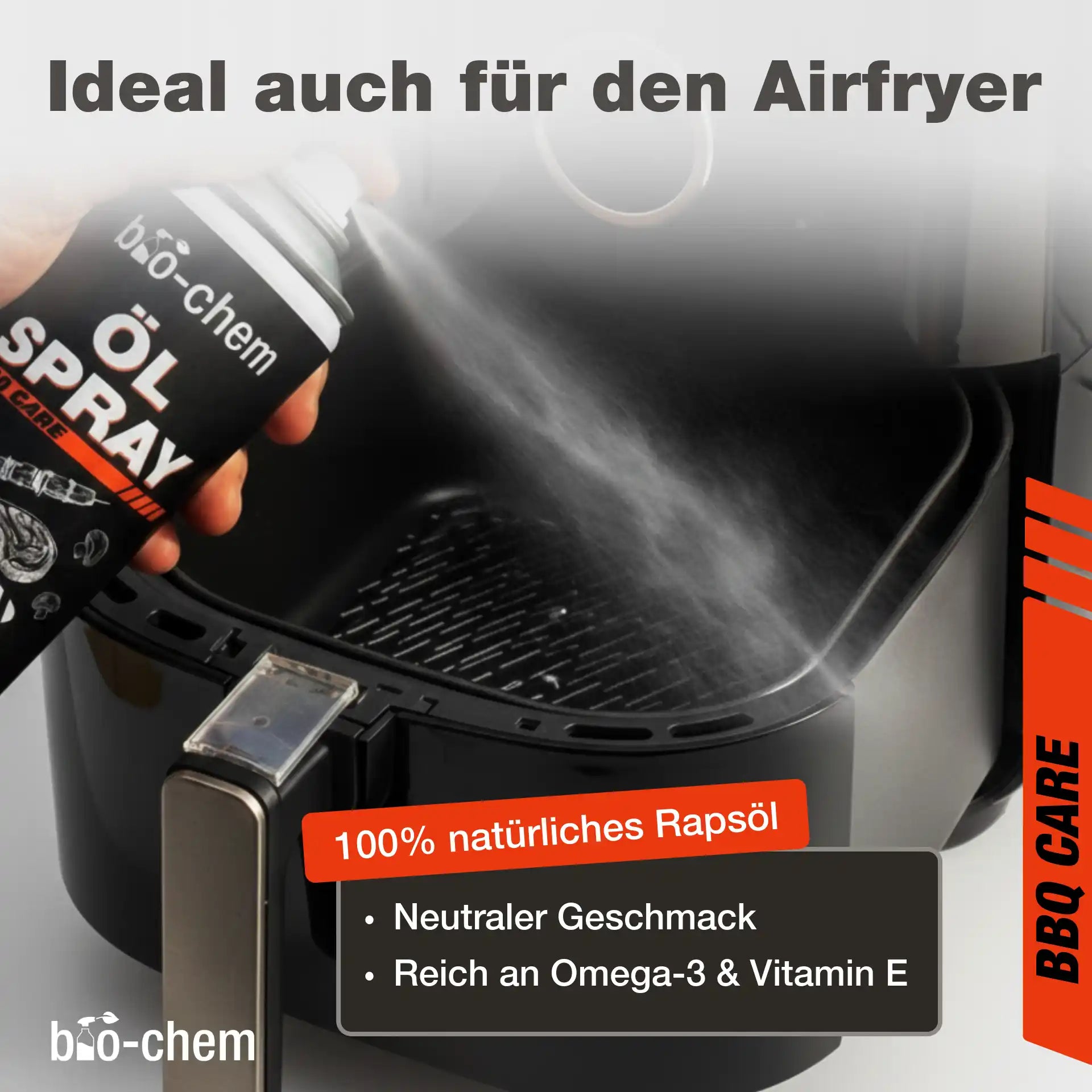 bio-chem Ölspray im Airfryer in Anwendung – 100 % natürliches Rapsöl mit neutralem Geschmack und Omega-3