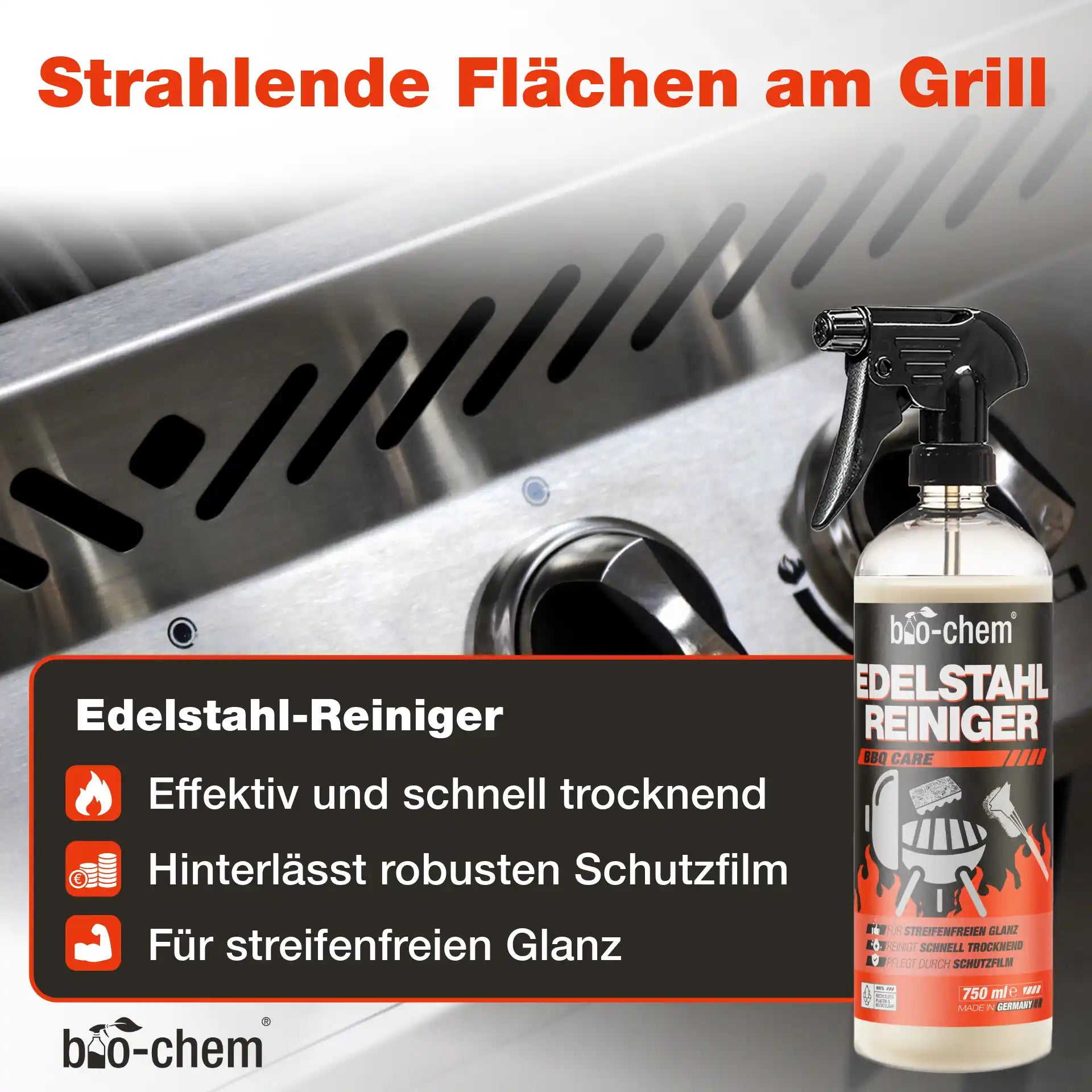 Reinigungsprodukt vor glänzender Edelstahloberfläche eines Grills mit Textinformationen zur Wirkung