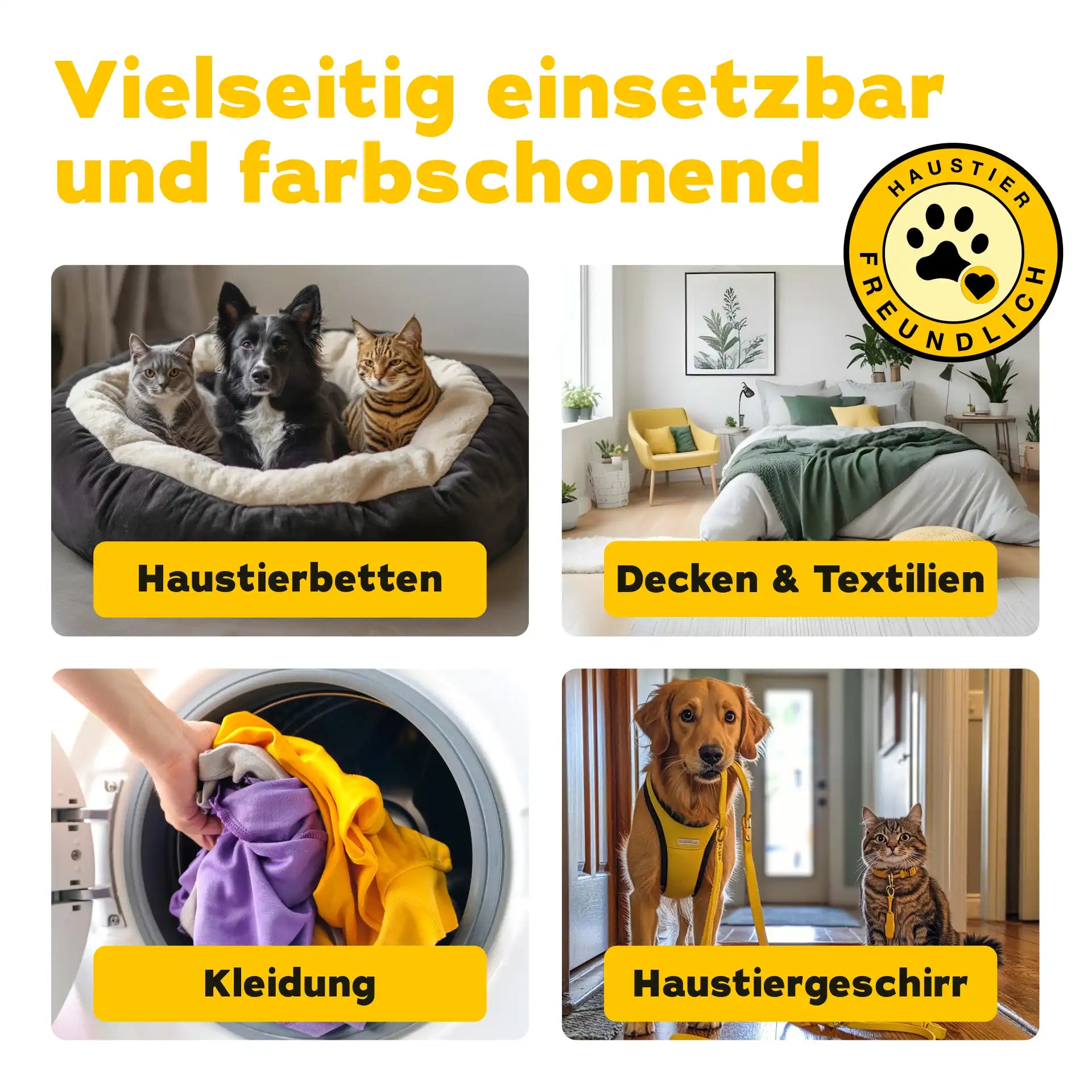 Vier Bildfelder mit Haustierbetten, Decken & Textilien, Kleidung und Haustiergeschirr als Anwendungsbeispiele für den Geruchsentferner Wäschespülung
