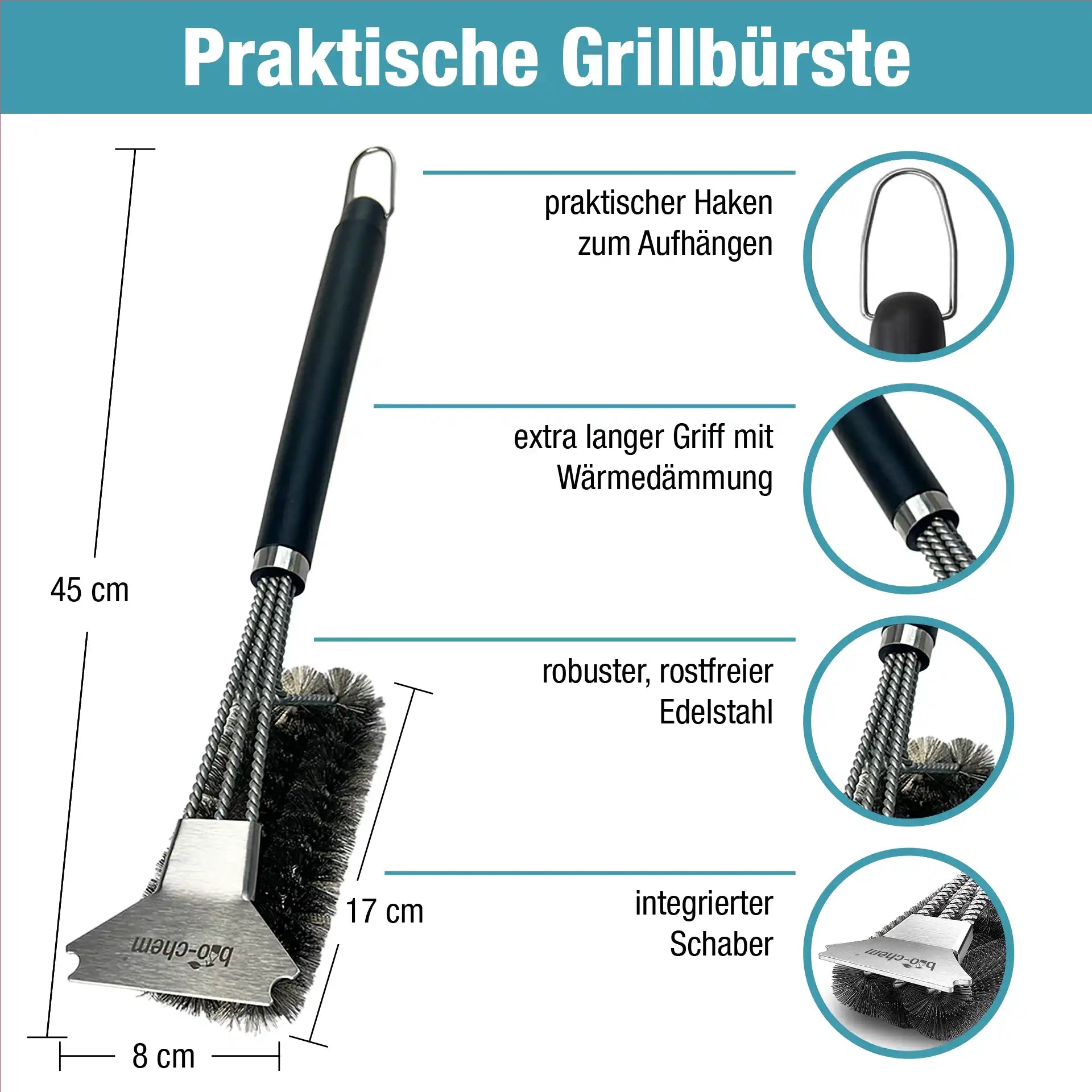 Hochwertige Grillbürste mit langem Griff, Edelstahlborsten, Haken zum Aufhängen und integriertem Schaber