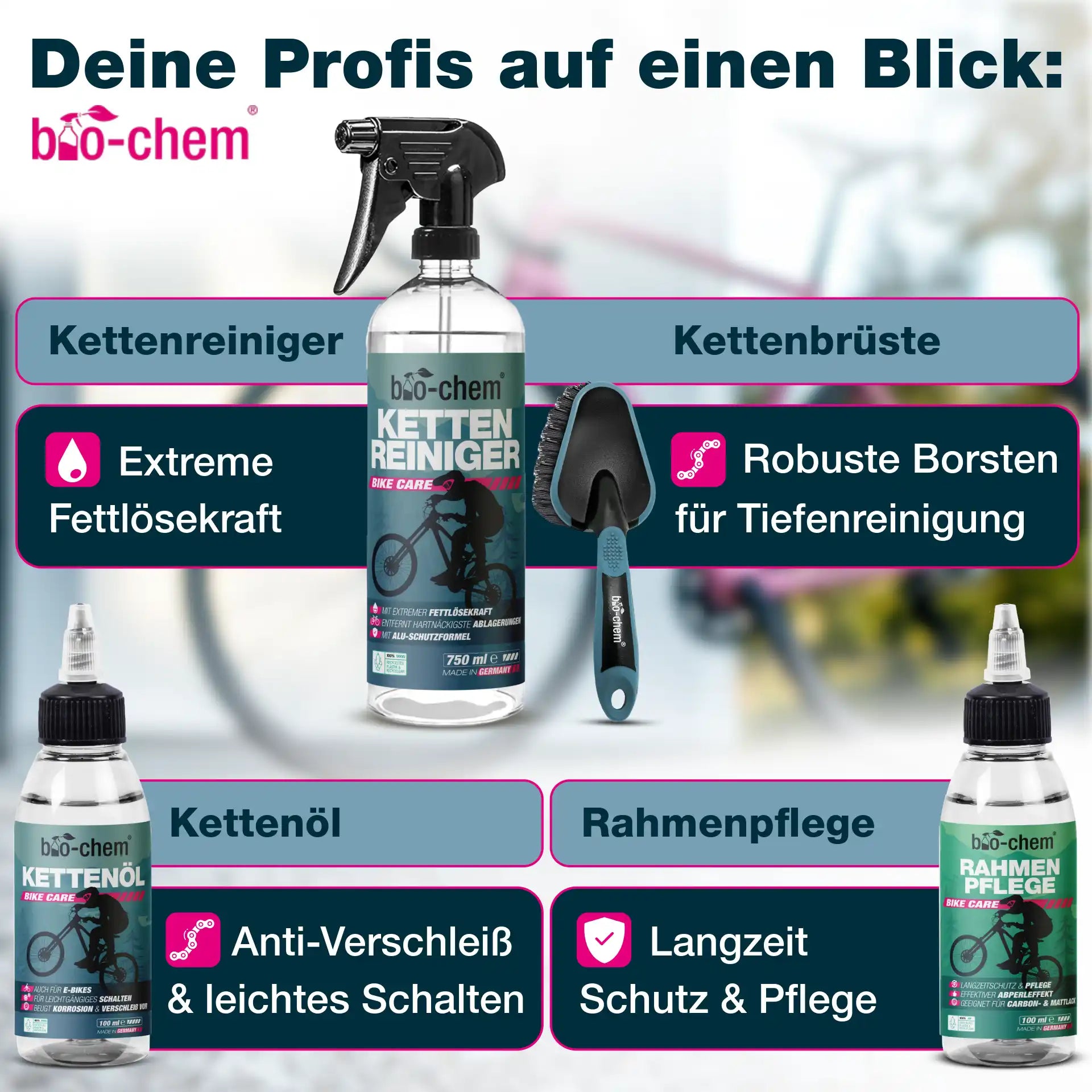 Profi-Set für Ketten- und Rahmenpflege mit Kettenreiniger, robuster Kettenbürste, Kettenöl und Rahmenpflege – Schutz und Pflege von bio-chem