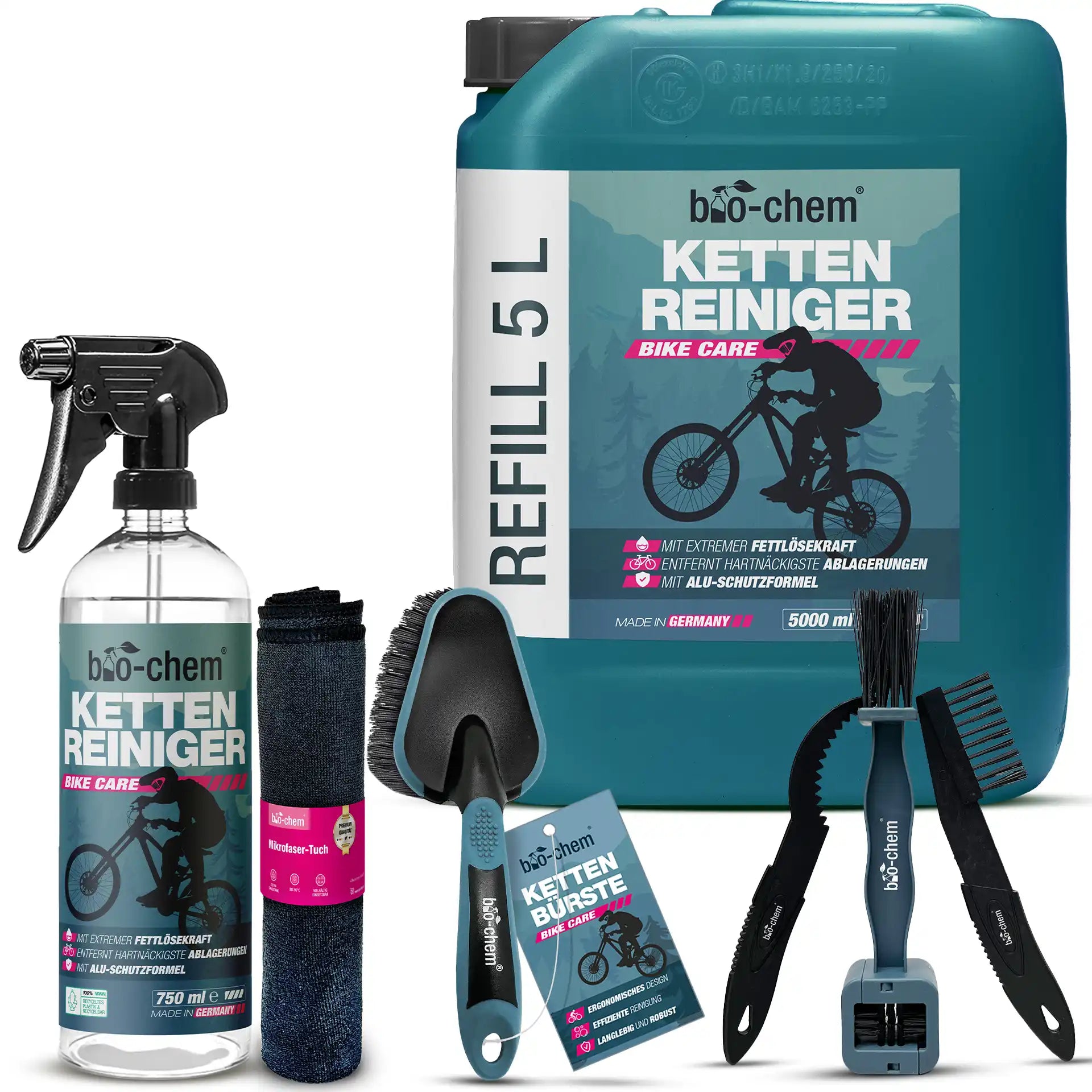 Kettenreiniger Set – 5L Kanister, 750 ml Sprühflasche, Bürsten, Mikrofasertuch für gründliche Fahrradkettenreinigung