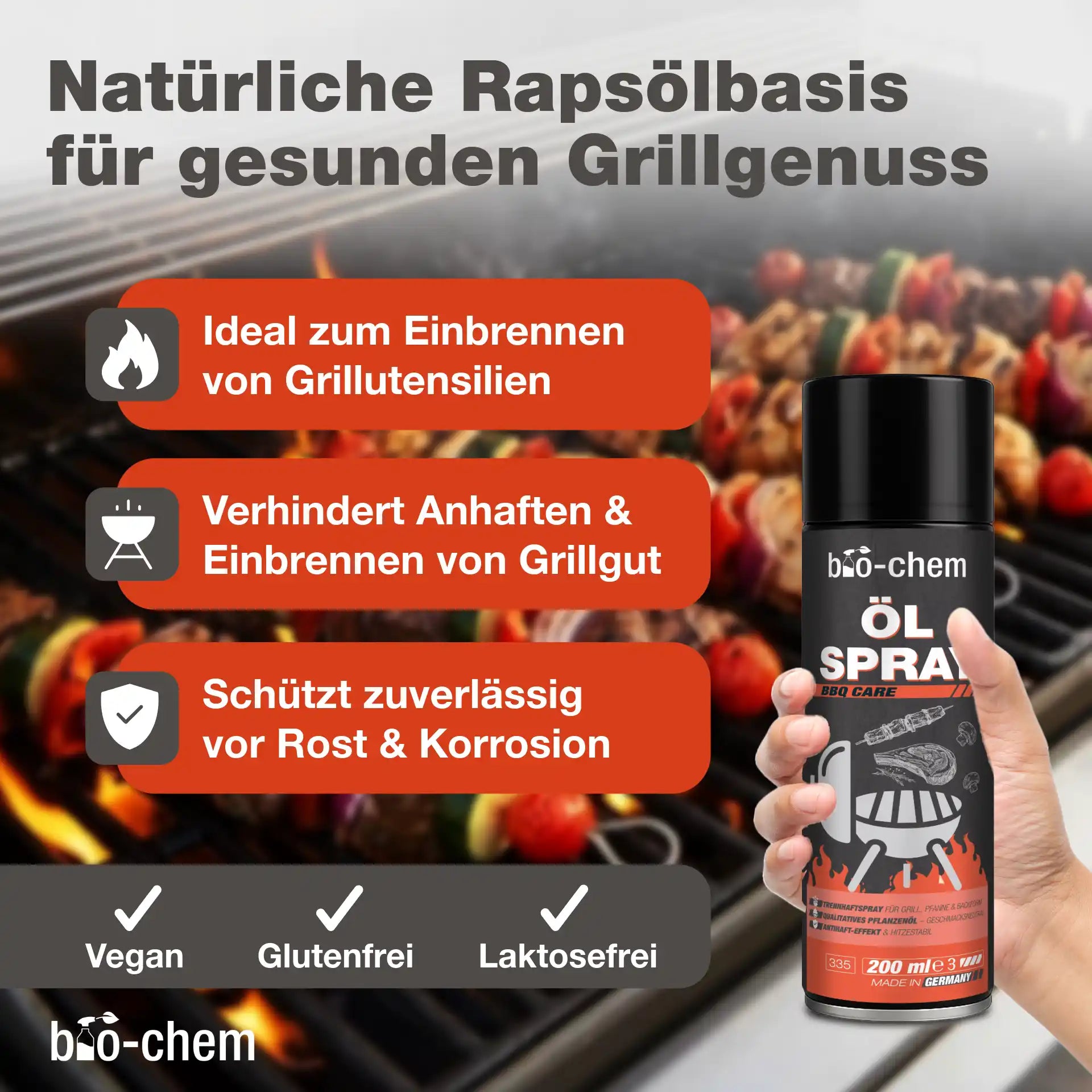 Infografik mit Vorteilen des bio-chem Ölsprays: Antihaft, Rostschutz, hitzestabil, ideal zum Einbrennen von Grillutensilien