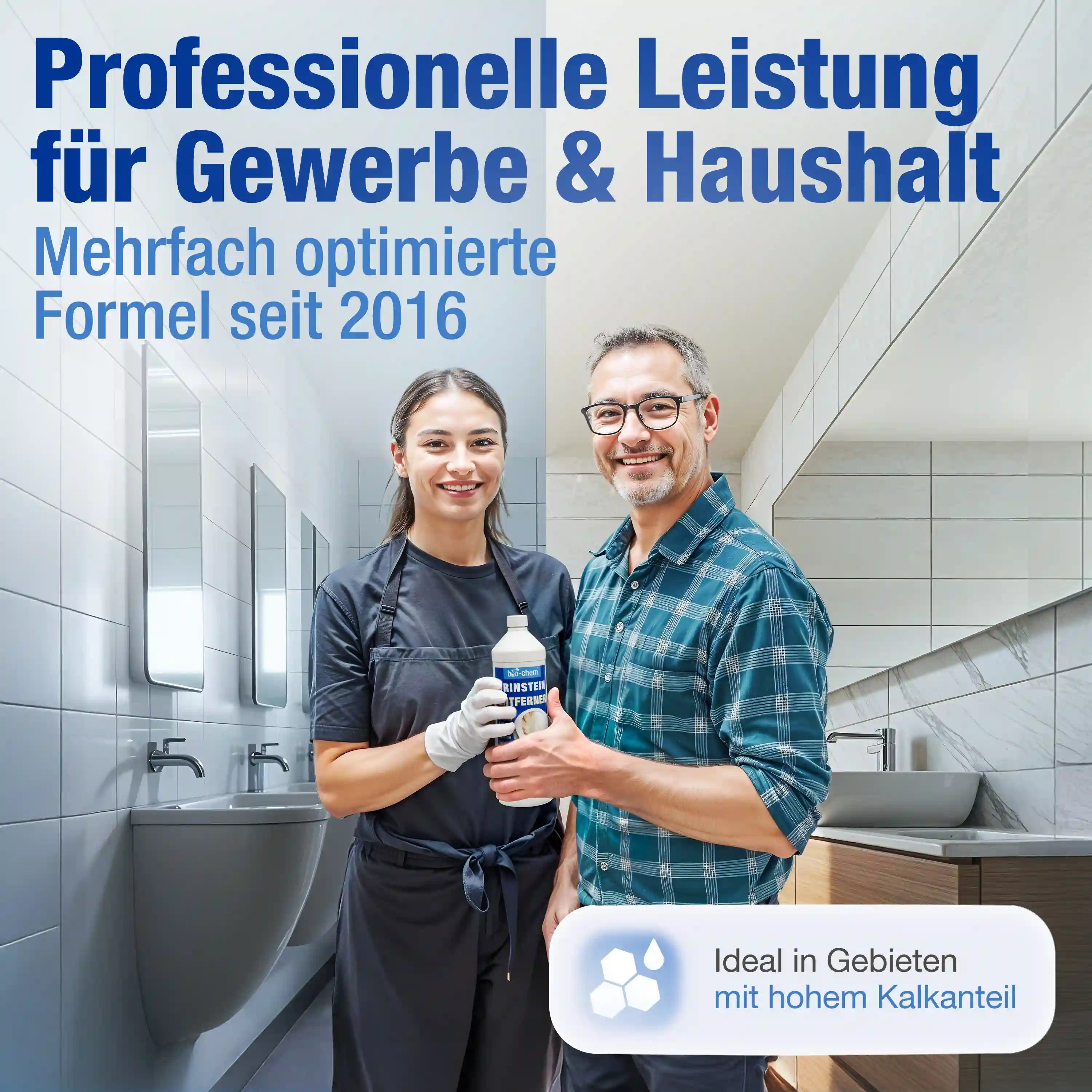 Verschmutzte Toilette mit Urinstein im Vergleich zu einer sauberen nach der Reinigung – animierte Figur zeigt Ergebnis