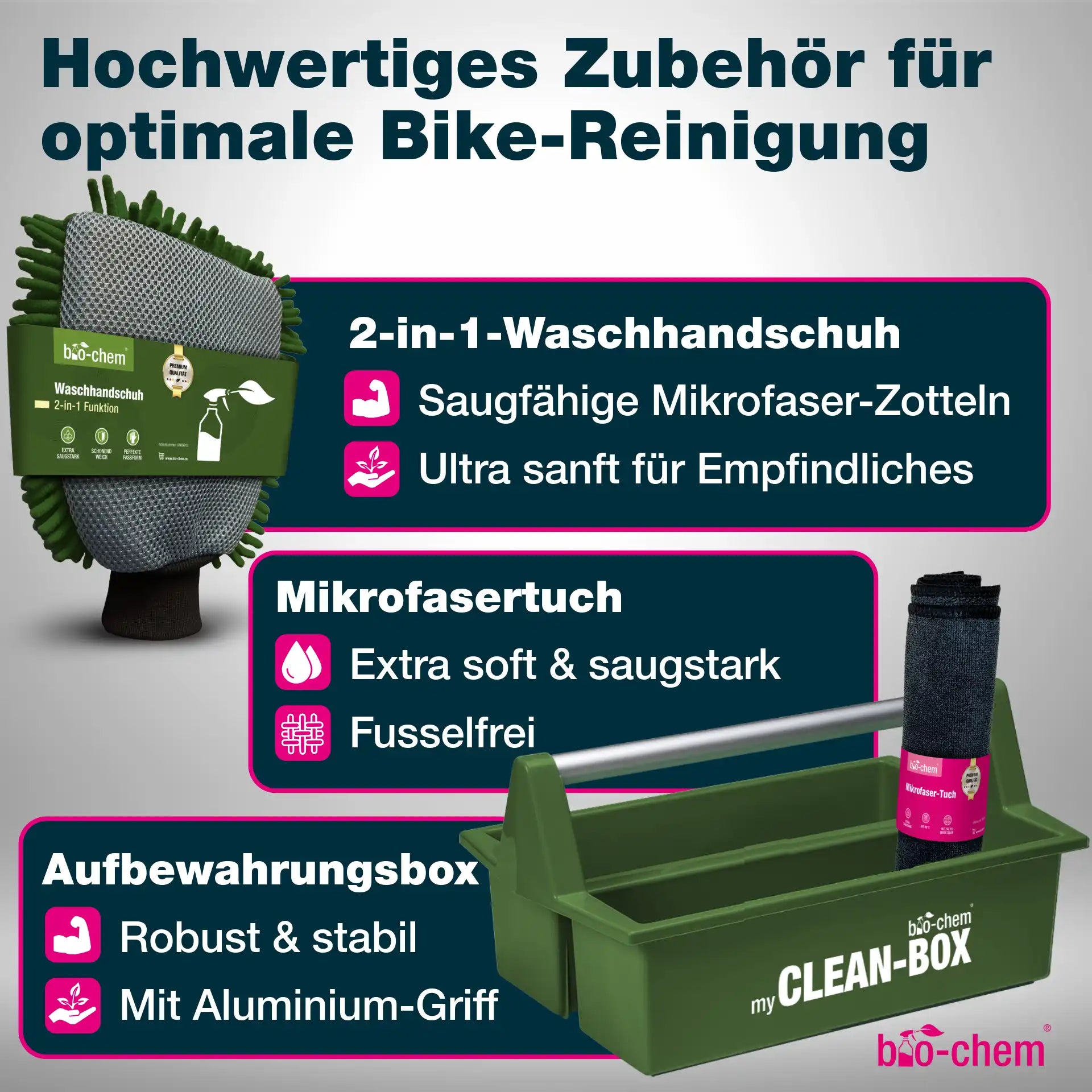 Hochwertiges Zubehör für Bike-Reinigung – 2-in-1 Waschhandschuh, saugfähiges Mikrofasertuch und stabile Clean-Box mit Aluminium-Griff von bio-chem