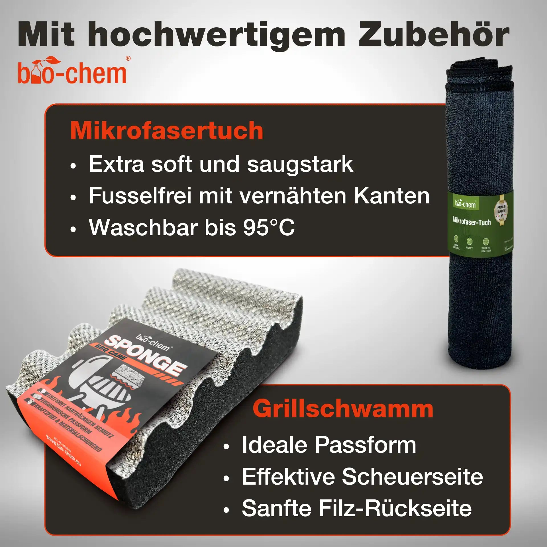 Nahaufnahme der BBQ-Schwammstruktur und des saugstarken Mikrofasertuchs – Waschhinweise und Anwendungstext