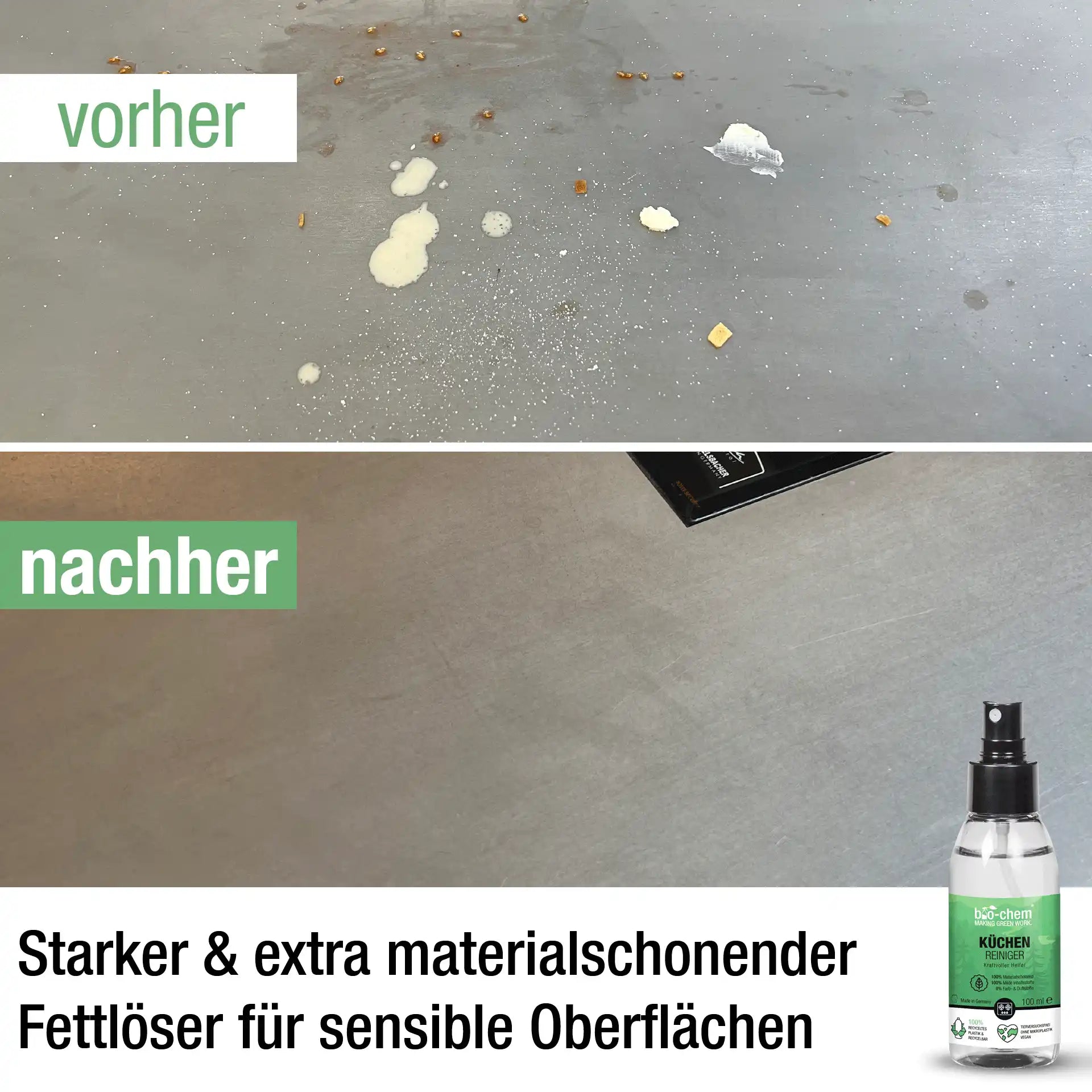 Vergleichsbild verschmutzte Küchenarbeitsfläche mit Fettresten vor der Reinigung und saubere Fläche nach Anwendung des Küchenreinigers